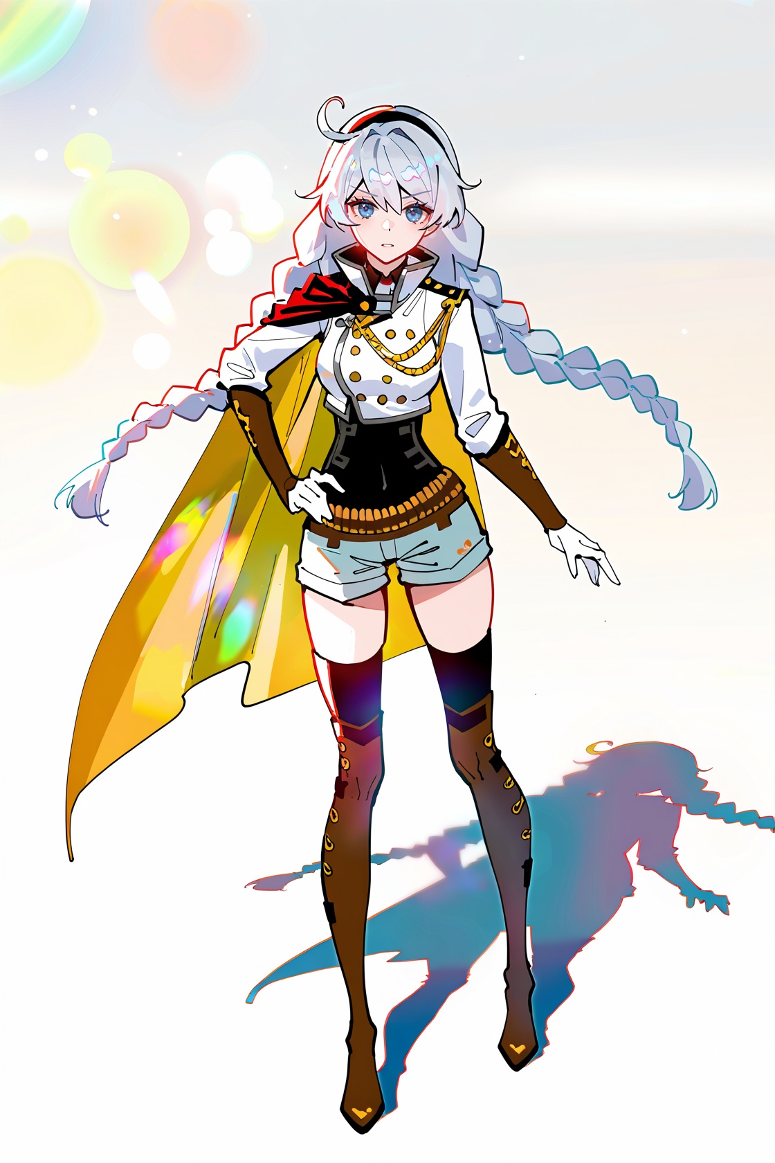 8k, best quality, masterpiece, (ultra-detailed), (high detailed skin), ((artist:reoen),(artist:fuzichoco),(artist:atdan),(artist:torino_aqua),year 2024:0.8)1girl, [artist:wlop], [artist:ningen_mame], artist:ciloranko, [[artist:rhasta]], artist:tidsean, colorful, detailed light, light leaks, sunlight, bokeh, blurry foreground, ray tracing, lens flare, cinematic lighting, full body, full shot, standing, looking at viewer, (solo:1.2), simple background, (white background:1.2), hand on own hip, (white background:1.3), <lora:kiana-young-noob-Tanger:0.8>, kiana kaslana, youxia, youxia clothes, 11th clothes, 1girl, thigh boots, blue eyes, braid, twin braids, long hair, shorts, thighhighs, brown footwear, gloves, combat uniforms, cape, balck hairband, 