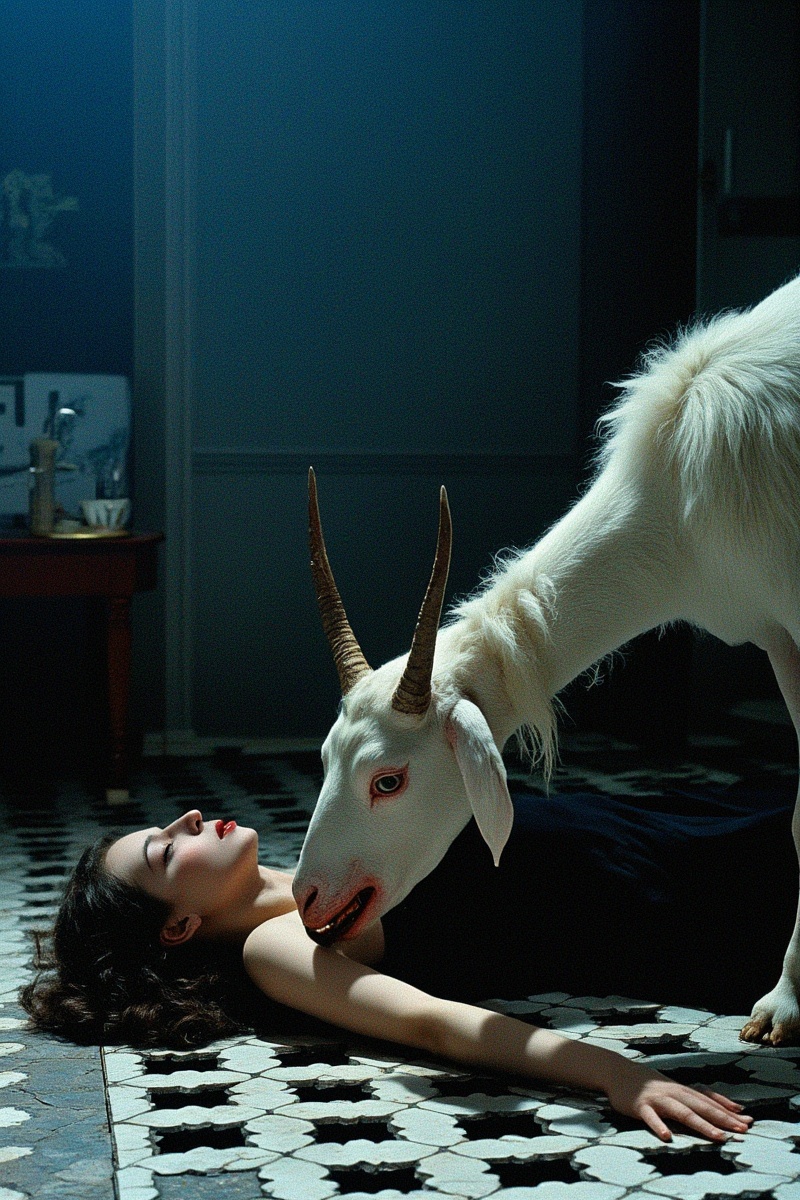 GSL,<lora:Fulan_guishilu_merjic_F.1:0.8>,surrealist Grotesque photography,A surreal encounter between a woman lying on a lattice floor and a grotesque white goat, indoors, dark environment,