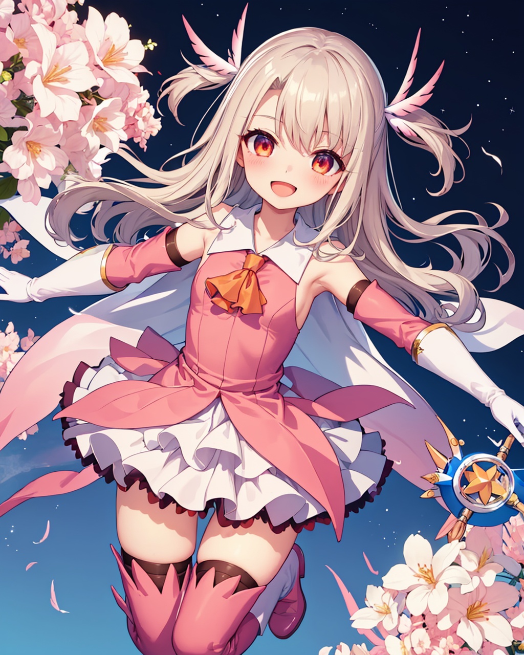 masterpiece,best quality, highly detailed, prisma illya,1girl, solo, open mouth, :d, pink thighhighs, thigh boots, magical girl, holding wand, two side up, star (symbol), white gloves, pink footwear, looking at viewer, holding card, blush, outstretched arms, detached sleeves, ascot, sleeveless shirt, sparkle, feather hair ornament, elbow gloves, layered skirt, pink gloves, pleated skirt, long sleeves, white skirt, pink flower,<lora:prisma_illya:1>