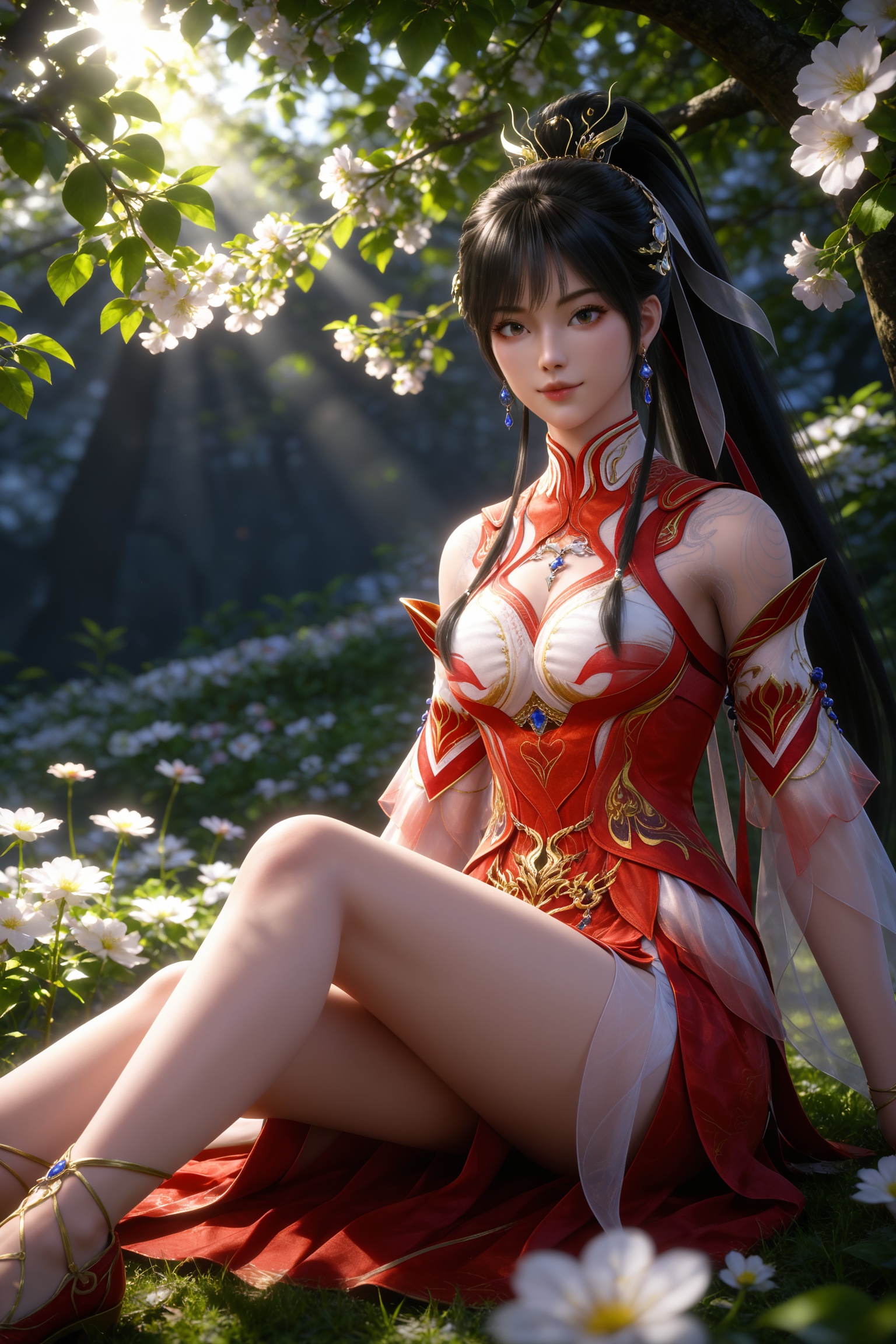 <lora:武动乾坤-应欢欢pony:0.7>,1girl,long hair,black hair,hair ornament,earrings,ponytail,red dress,chinese clothes,detached sleeves,cleavage cutout,bare legs,red footwear,upper body dappled sunlight flower looking at viewer sunlight upper body
