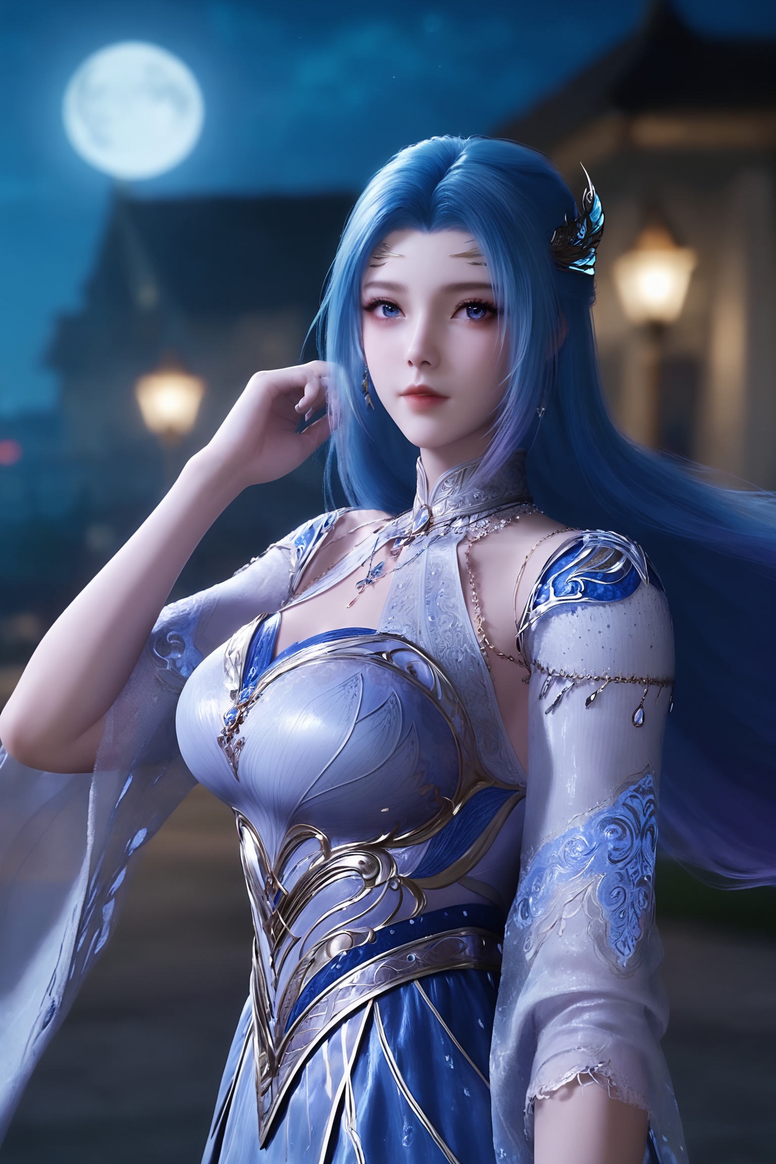 <lora:斗罗大陆2-唐舞桐pony:0.7>,1girl,long,flowing blue hair,sparkling silver accessories,form-fitting,elegant gown in a light,ethereal blue,with intricate,flowing patterns,high collar,long sleeves,flowing skirt,upper body,, 1girl,solo,shiny,shiny_hair,upper_body,fair_skin,white_skin,shiny_skin,shiny,Ivory_skin,looking at viewer,cinematic lighting,volumetric lighting,solo focus,blurry background,depth of field,night,sky,night sky,full moon,moonlight,