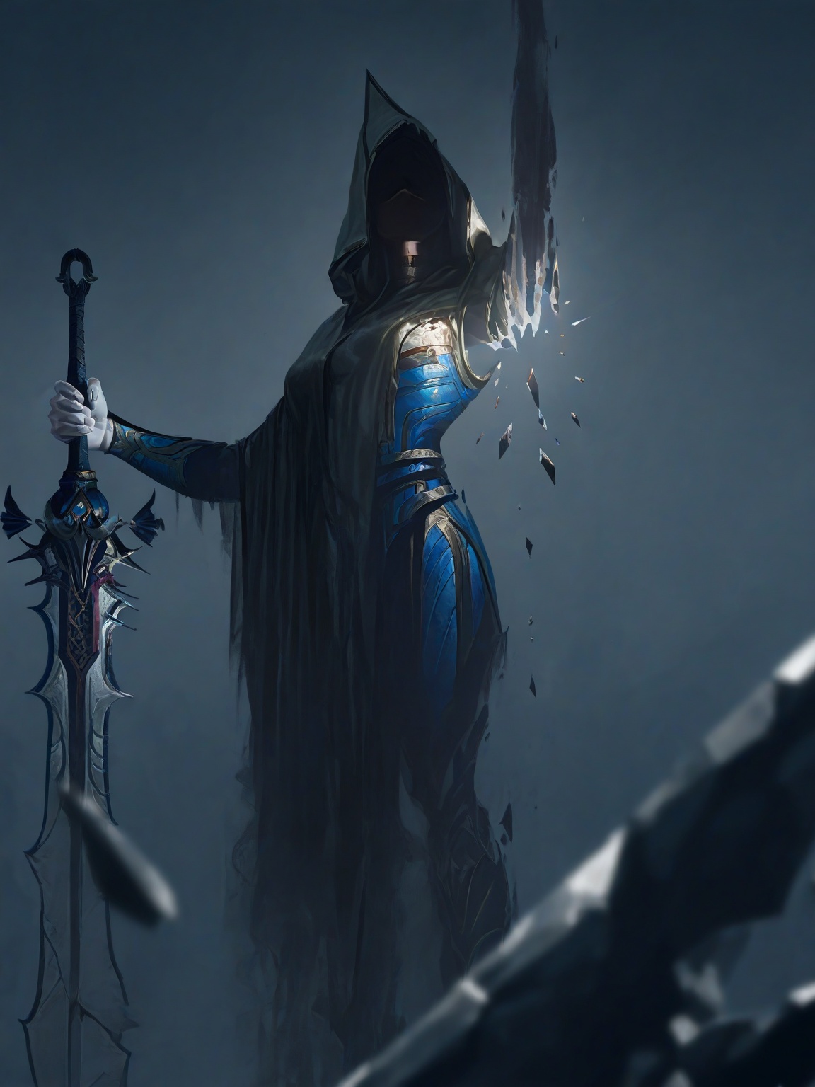 extremely detailed CG,masterpiece,best quality,detailed,highres,newest,recent,dramatic lighting,chiaroscuro,ray tracing,high detailed eyes,perfect eyes,depth of field,dynamic fuzzy,masterpiece,absurdres,incredibly absurdres,best quality,smooth skin,delicate hands,perfect proportions,masterpiece quality,8k,sharp focus,clean composition,no clutter,aesthetic pose,contour_deepening:0.2,<lora:万智牌-000010:0.95>,<lora:L0LSPL4SH_IllustriousXLv01:0.4>,<lora:写实游戏厚涂_v1:0.4>,<lora:USNR STYLE_XL_loha:0.4>,<lora:zhongguoduliu-v3-illustrious:0.3>,<lora:ck-shadow-circuit-IL:0.5>,MLiang wanzhi,wanzhipai,The image shows a man in armor holding a sword in his hand. He is wearing a blue and white armor with a hood and a cape. His face is stern and determined,and his eyes are focused on something in the distance. The text at the bottom of the image reads "Shards of Alara".,