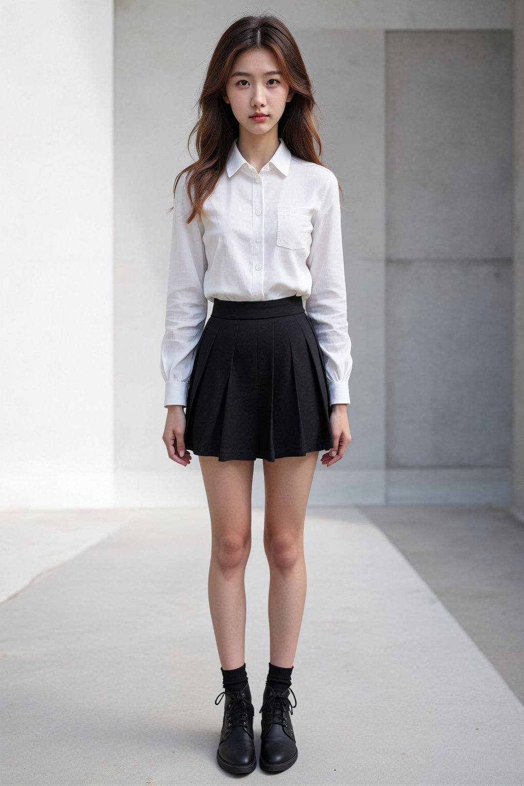 A young Asian woman,  likely in her early twenties,  is centered in a full-length studio shot. She stands on Tensor.Art