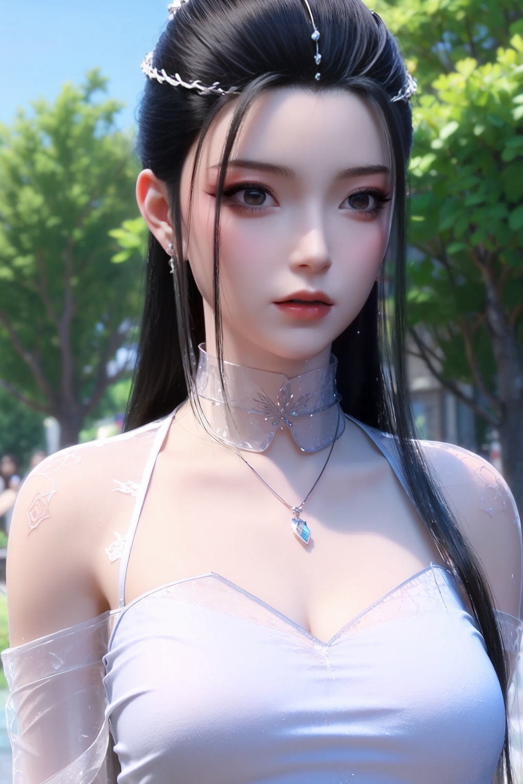 (8k, RAW photos, best quality, surrealist style, masterpiece:1.2),sunlight shining on the body and reflecting,realistic,highly detailed,ultra-fine painting,extreme detail description,vivid colors,huge file size,wallpaper,official art,extremely fine CG unified 8k wallpaper,(all:1.2),1girl,dress,black hair,long hair,breasts,white dress,water,solo,medium breasts,necklace,jewelry,flower,wet,looking at viewer,purple eyes,petals,see-through,wet clothes,bare shoulders,night,very long hair,choker,facial mark,<lora:小仙女v1.1:0.8>,