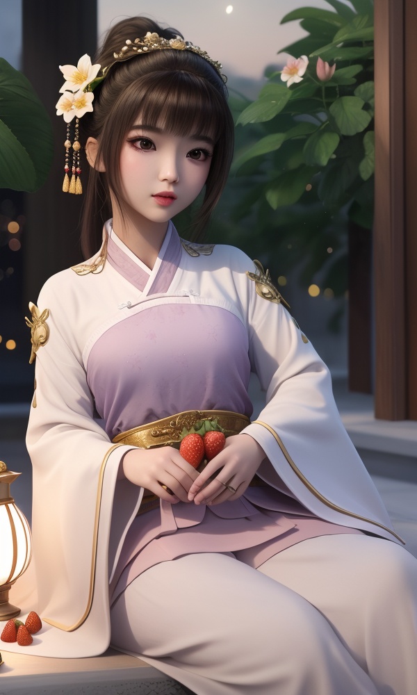 (,1girl, ,best quality, ),looking at viewer, <lora:389-DA-永生-虚月儿:0.8> ,ultra detailed background,ultra detailed background,ultra realistic 8k cg, , ,masterpiece, (( , )),, ultra realistic 8k cg, ,tamari \(flawless\),     ,lily \(flower\) ,full moon ,strawberry blossoms      (()), (), 1girl, solo, , lips,chinese_clothes, ,  female child, 