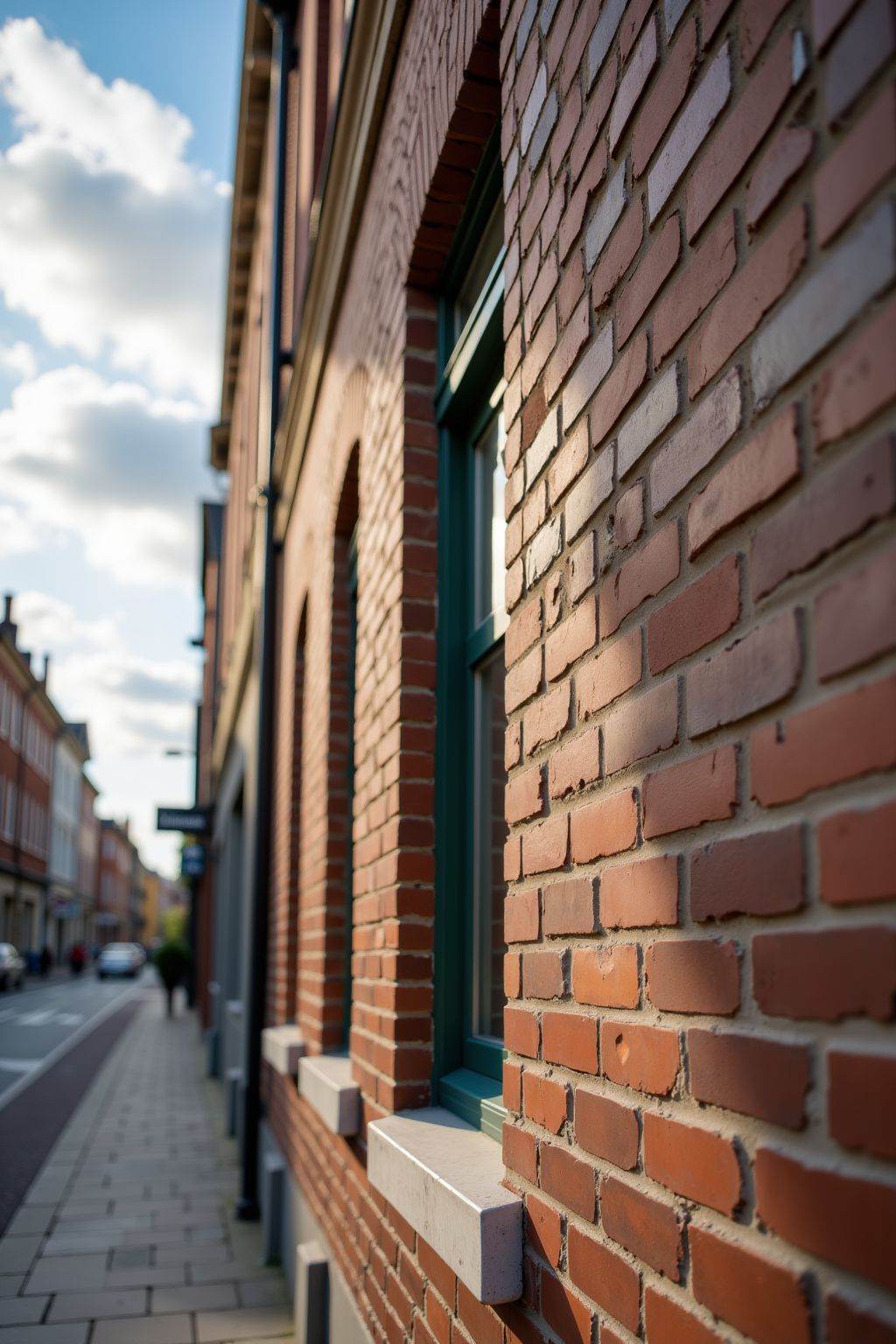 building with windows, features a brick wall with a window and,with some blurred architectural details. The overall scene is well-lit, street, day, clouds