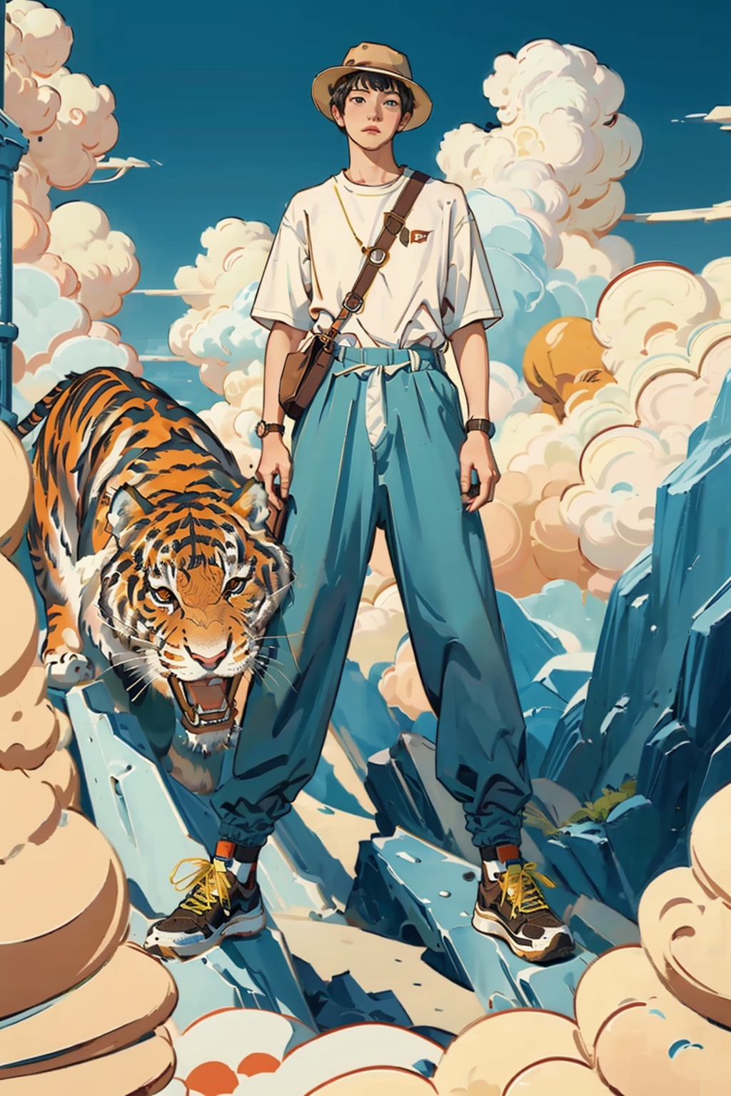 ((masterpiece)), best quality, perfect anatomy,8K wallpaper,mChinaChic, 1boy,tiger, short hair, watch, t-shirt, cloud, white shirt, yellow hat,  wristwatch, brown bag,blue pants, standing on rock, hill,<lora:mChinaChic_v1:0.8>