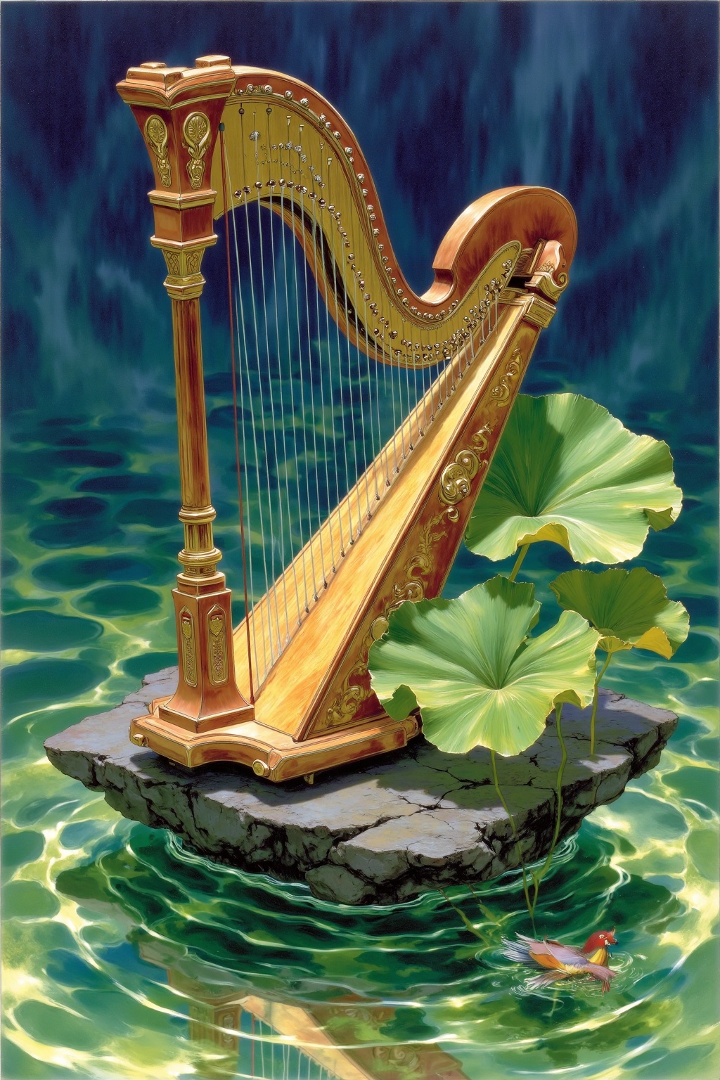 beijihui,Captured at eye-level, a detailed painting of a harp, perched on a rock in the middle of a body of water. The harp is a vibrant brown, adorned with a intricate intricate design. The background is a deep blue, adding a pop of color to the scene. The water is a verdant green, with ripples of light reflecting off of the surface. Adjacent to the harp are a few large, leafy green leaves, adding depth to the composition.
