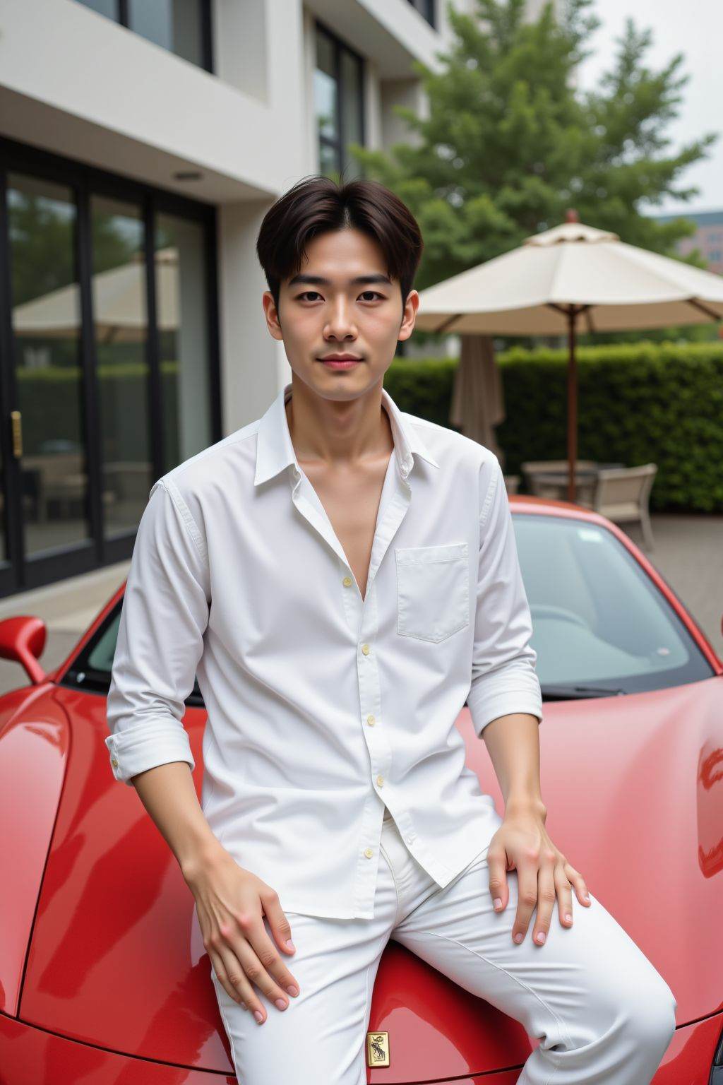 <lora:20250503_AgainCharactersF1Lora:1>, HDR photo of cinematic film still This is a photograph of a young Asian man with fair skin and short hair. He is seated on the hood of a red sports car in a luxurious urban setting. He wears a white gold-accented shirt. The background features modern architecture with large windows, greenery, and an umbrella. The image is crisp, with vibrant colors and a glamorous, high-fashion aesthetic. . shallow depth of field, vignette, highly detailed, high budget, bokeh, cinemascope, moody, epic, gorgeous, film grain, grainy . High dynamic range, vivid, rich details, clear shadows and highlights, realistic, intense, enhanced contrast, highly detailed