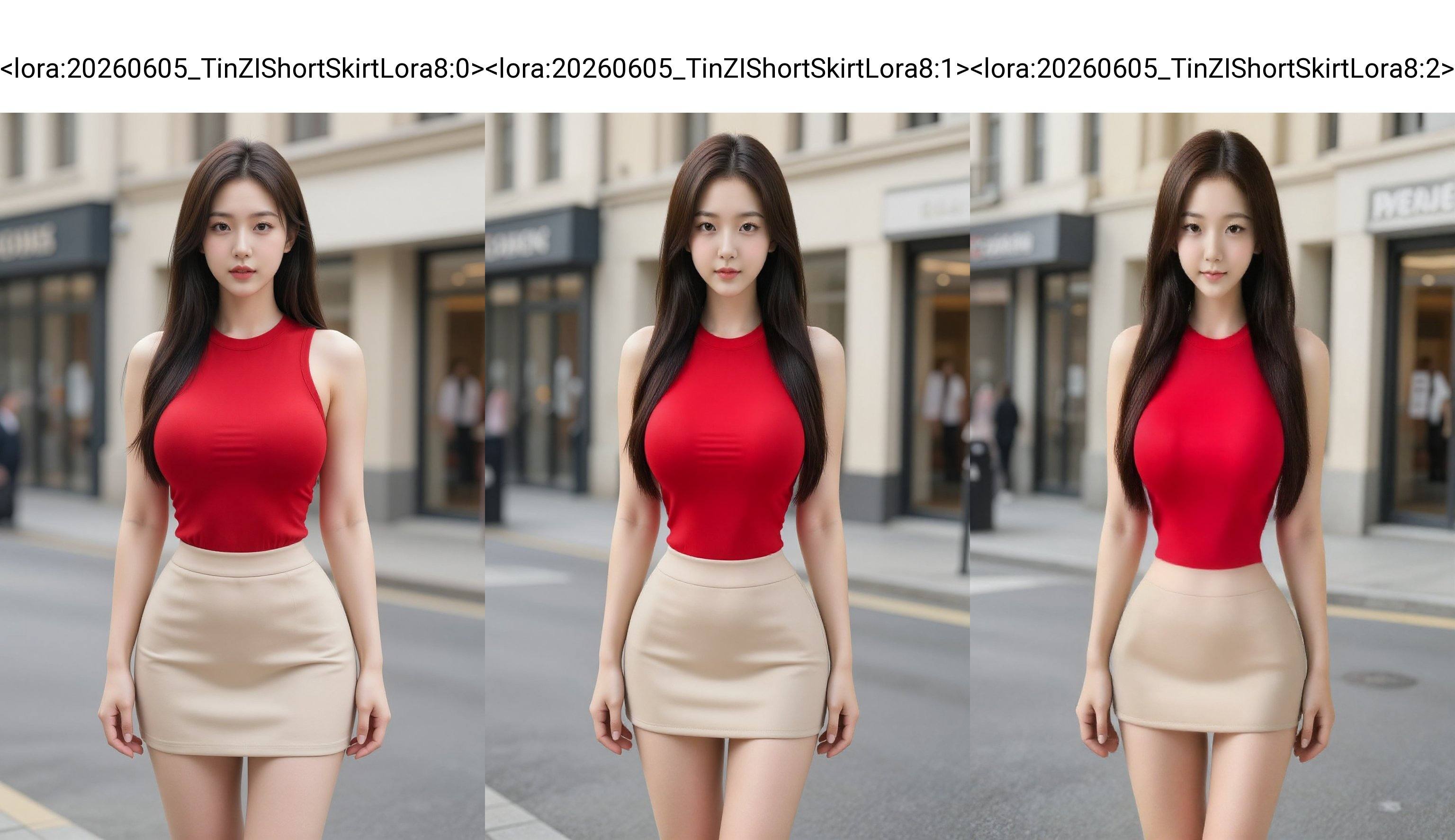 ultra mini short skirt,  A photograph of a young Asian woman with fair skin and long,  straight dark brown hair. She has a...