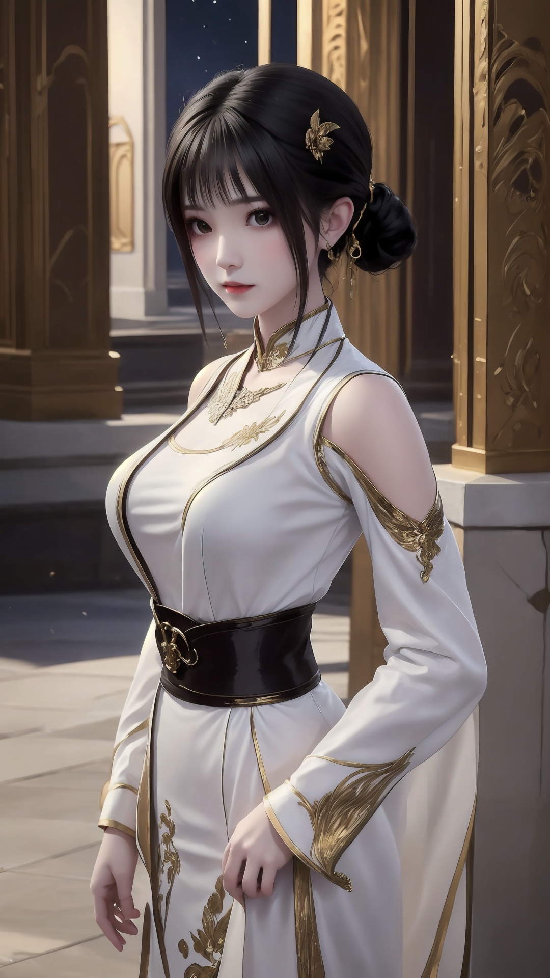 The image is a digital illustration of a young woman with dark hair styled in a traditional Chinese hairstyle. She is wearing a white and gold outfit with intricate details on the shoulders and sleeves. The outfit has a high neckline and long sleeves with gold accents. The woman is standing in front of a grand building with ornate columns and pillars,and there is a starry night sky in the background. She has a serious expression on her face and is looking off to the side. The overall mood of the image is dark and mysterious..,<lora:1.5丹晨(2):0.8>,
