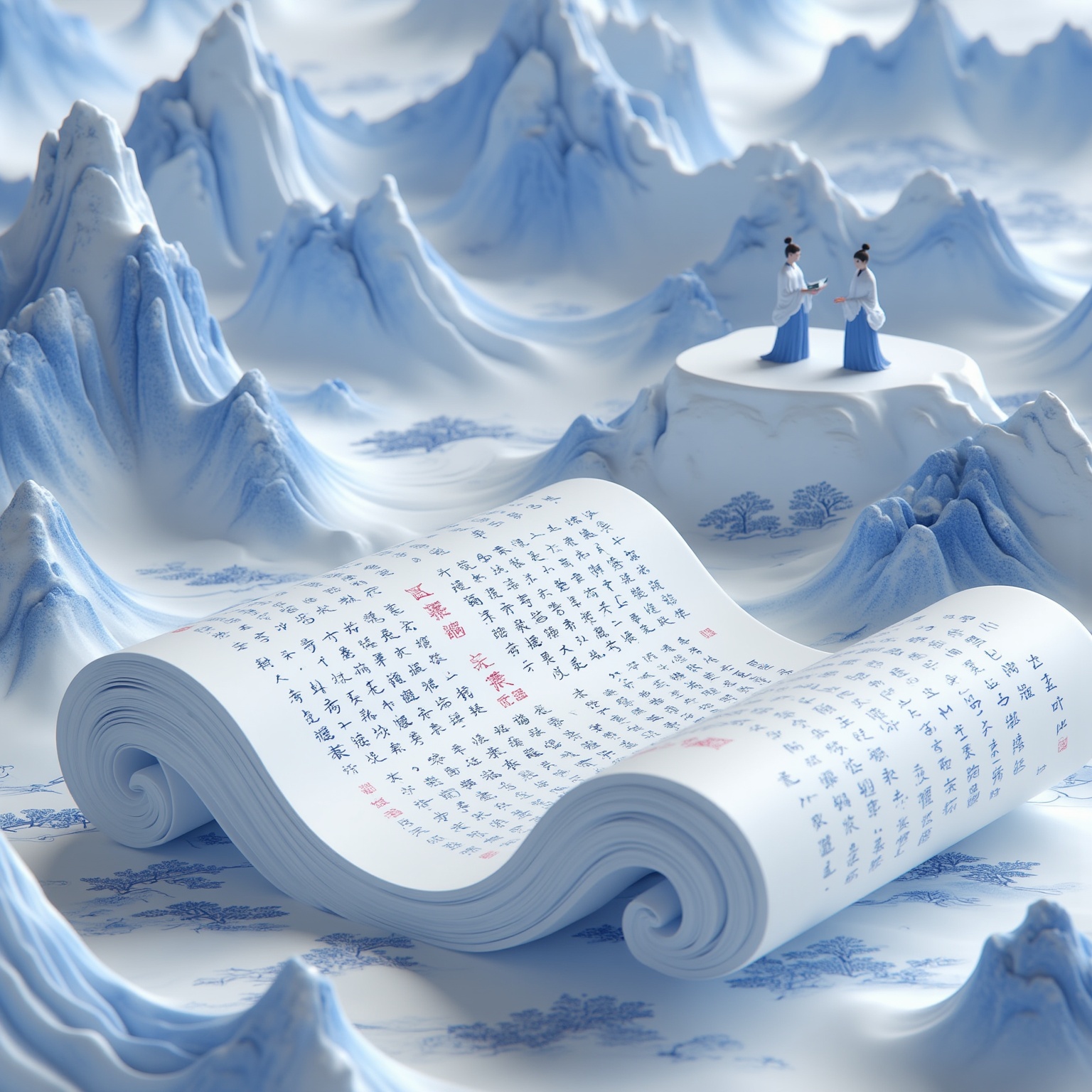 <lora:YY青花瓷F.1:1>,blue and white porcelain style,The illustration is highly detailed and realistic,with a smooth,glossy texture,The image is a digitally created artwork featuring a surreal,ethereal landscape rendered in a hyper-realistic style. The scene depicts a vast,snow-covered mountain range with rolling,undulating peaks and valleys. The mountains are intricately detailed with smooth,flowing curves and shades of blue and white,giving them a serene,icy appearance. In the foreground,a large,open book lies atop the snow,its pages filled with intricate Chinese calligraphy in red and black ink. The book's pages are curled and folded,adding to the sense of movement and fluidity in the scene. Two small,delicate figures dressed in traditional Chinese attire are seen in the distance,standing on a snow-covered ledge. They are wearing flowing robes and appear to be engaged in a quiet,contemplative activity,possibly reading or conversing. The figures are rendered in a delicate,almost ethereal style,with soft,flowing lines and a muted color palette that complements the snowy landscape. The overall effect is one of tranquility and harmony,with the figures blending seamlessly into the serene,snowy backdrop. The artwork combines elements of traditional Chinese art with modern digital techniques,creating a harmonious blend of past and present.,