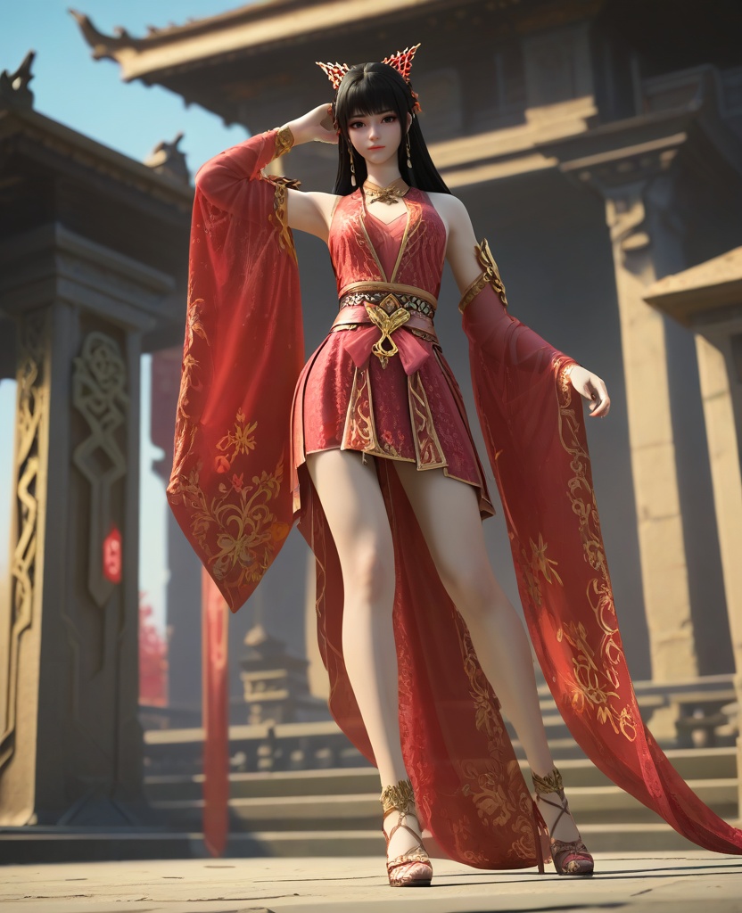 (oriental architecture, elegant decor, sophisticated style:1.1),Standing on tiptoes with arms raised,,(breasts:1.2),<lora:XL16大主宰红绫:0.95>,1girl,red dress,mole under eye,black eyes,black hair,long hair,hair ornament,bare shoulders,, zPDXL2, score_9, score_8_up, score_7_up BREAK realistic, masterpiece,best quality, highly detailed,, zPDXL3, zPDXL2,zPDXL, zPDXLxxx, zPDXLrl,