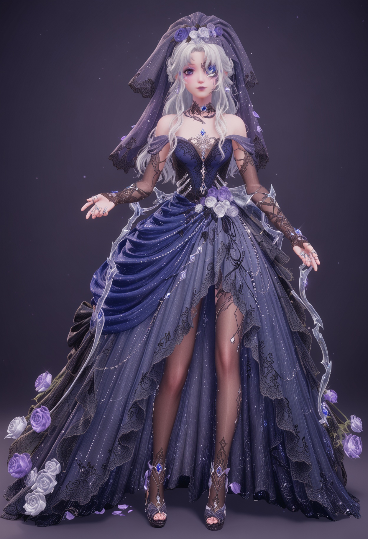 (full_body:1.1),(looking at viewer:1.1),facing viewer,direct gaze,<lora:YQ_pony_nuannuan36_V4:0.8>,q1528437228,1girl,solo,jewelry,long hair,white hair,purple eyes,dress,hair flower,hair ornament,makeup,earrings,gloves,ring,eyepatch,petals,purple lips,bridal gauntlets,pointy ears,blue eyes,grey hair,high heels,one eye covered,choker,pantyhose,long dress,bridal veil,fingerless gloves,necklace,fine fabric emphasis,bow,braid,eyeshadow,BREAK simple background,pure black background,black background,perfect anatomy,