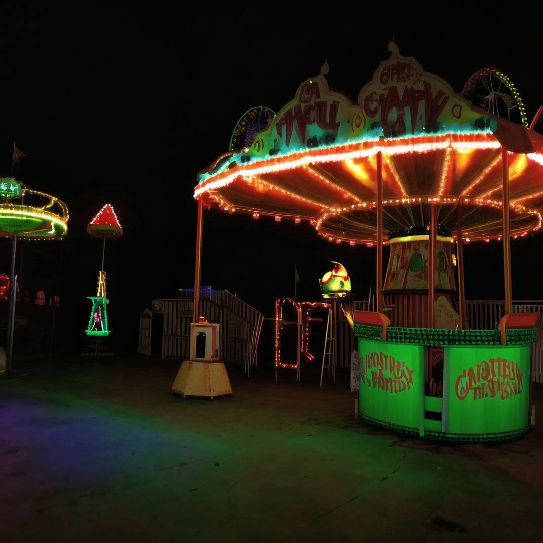 liminalspaces,  A desolate carnival at midnight,  its empty rides coming to life with ghostly apparitions on Tensor.Art