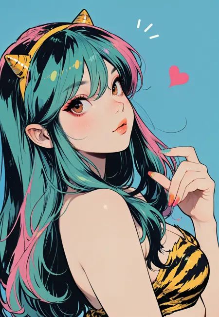 embedding:Stable_Yogis_PDXL_Positives, embedding:Stable_Yogis_PDXL_Positives2, embedding:lazypos, embedding:cr1sp,  ,, 1girl, ^^^, animal print, aqua hair, aqua nails, bangs, bare shoulders, blue background, blue nails, blue sky, blush, breasts, brown eyes, depth of field, eyebrows visible through hair, hair between eyes, hairband, heart, long fingernails, lum, makeup, medium breasts, multicolored hair, multicolored nails, nail polish, oni, oni horns, pink hair, pink nails, red nails, simple background, tiger print, upper body, yellow nails, masterpiece, best quality, very aesthetic, bold outlines, strong shadows, high contrast, crisp lines, detailed, intricate, ultra detailed, vibrant, smooth gradients, subtle shadows, professional, high-resolution, perfect lighting, solo, depth, complex lighting, ultra detailed,