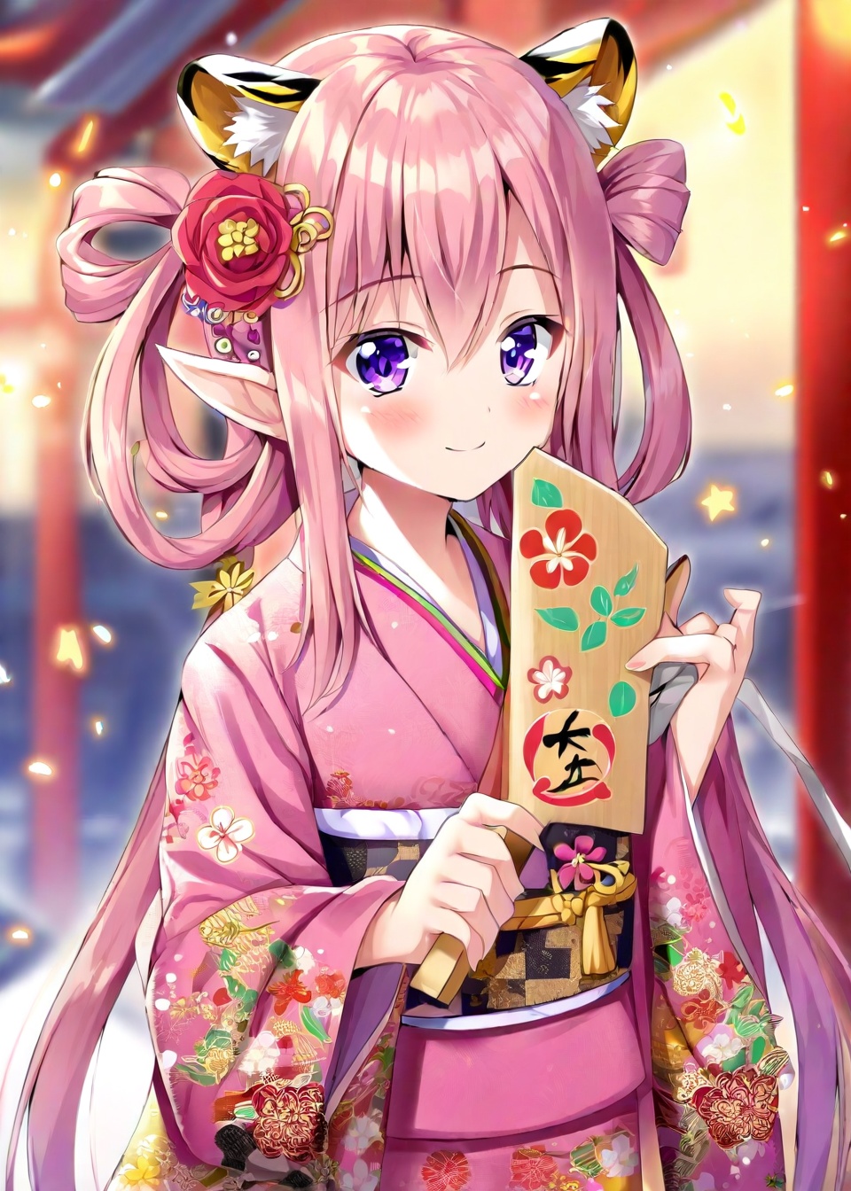 hair rings, pointy ears, hair ornament, star hair ornament, kimono, japanese clothes, long hair, pink hair, elf, purple eyes, star \(symbol\), looking at viewer, 1girl, smile, solo, holding, closed mouth, paddle, flower, upper body, tiger ears, long sleeves, tiger girl, floral print, blush, hair flower, sidelocks, pink kimono, hair between eyes