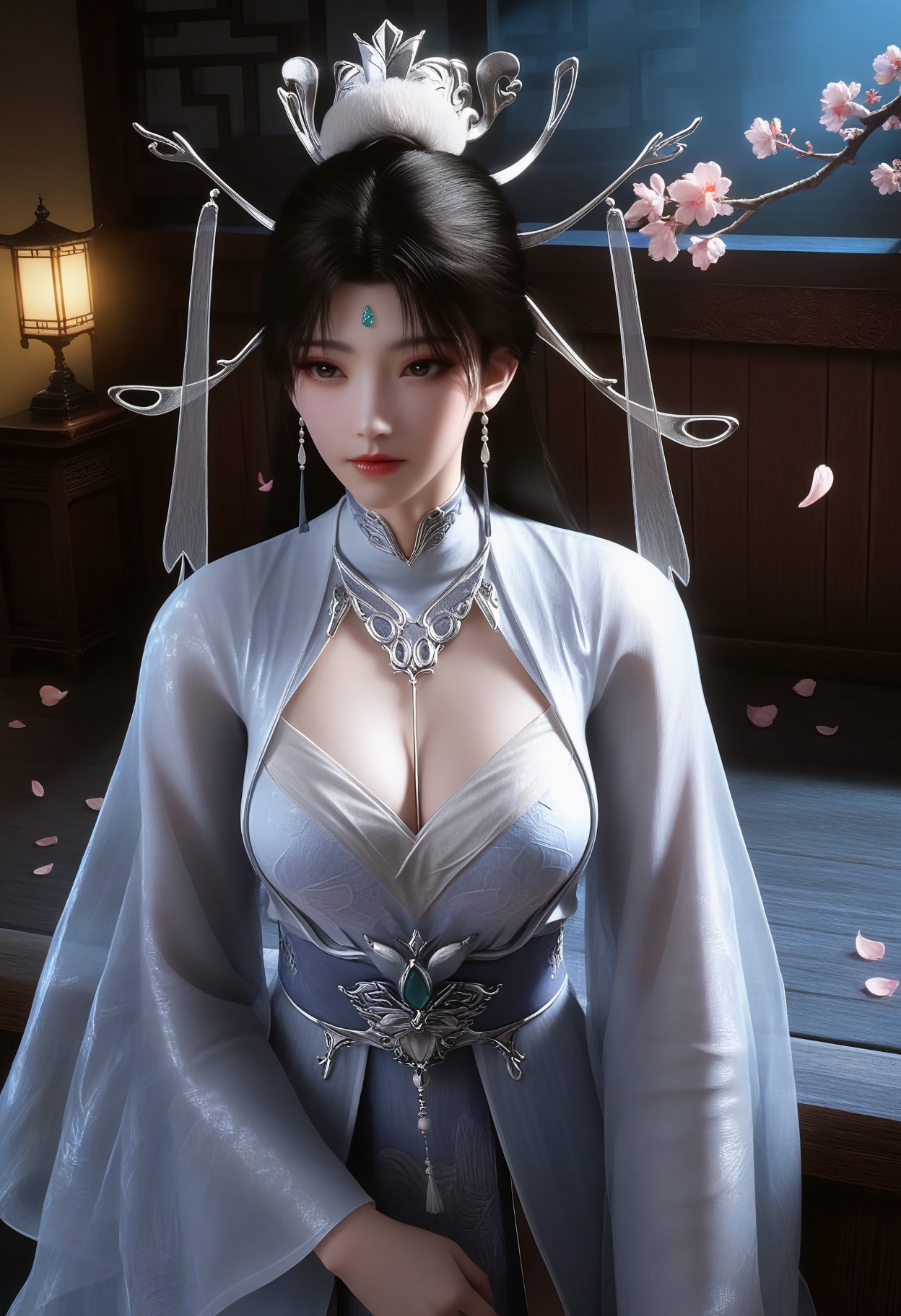 masterpiece,best quality,amazing quality,very aesthetic,high resolution,ultra-detailed,absurdres,scenery,photorealistic,(looking at viewer:1.1),upper body,(Dark room:1.3),(moody lighting:1.1),peach blossom,falling petals,(large breasts:0.8),chuyue,1girl,solo,black eyes,black hair,long hair,earrings,jewelry,dress,white dress,hair ornament,chinese clothes,forehead mark,hair bun,expressionless,closed mouth,long sleeves,shoes BREAK photorealistic details,<lora:QQSillchuyueV1:0.8>,