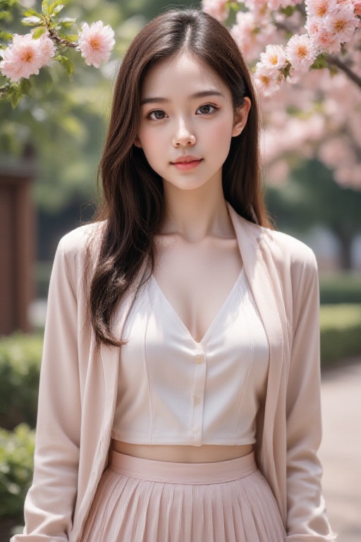 <lora:20250110_Again_Girl_F.1_6:1>,HDR photo, high quality, masterpiece, realistic, photorealistic, ultra high res, highly detailed skin, 1girl, solo, smile, centered shot, from front, face and waist, long hair, look at viewer, cute face, symmetrical body, breasts, perfect anatomy, jacket, pleated skirt, peach blossom, flower petal,
