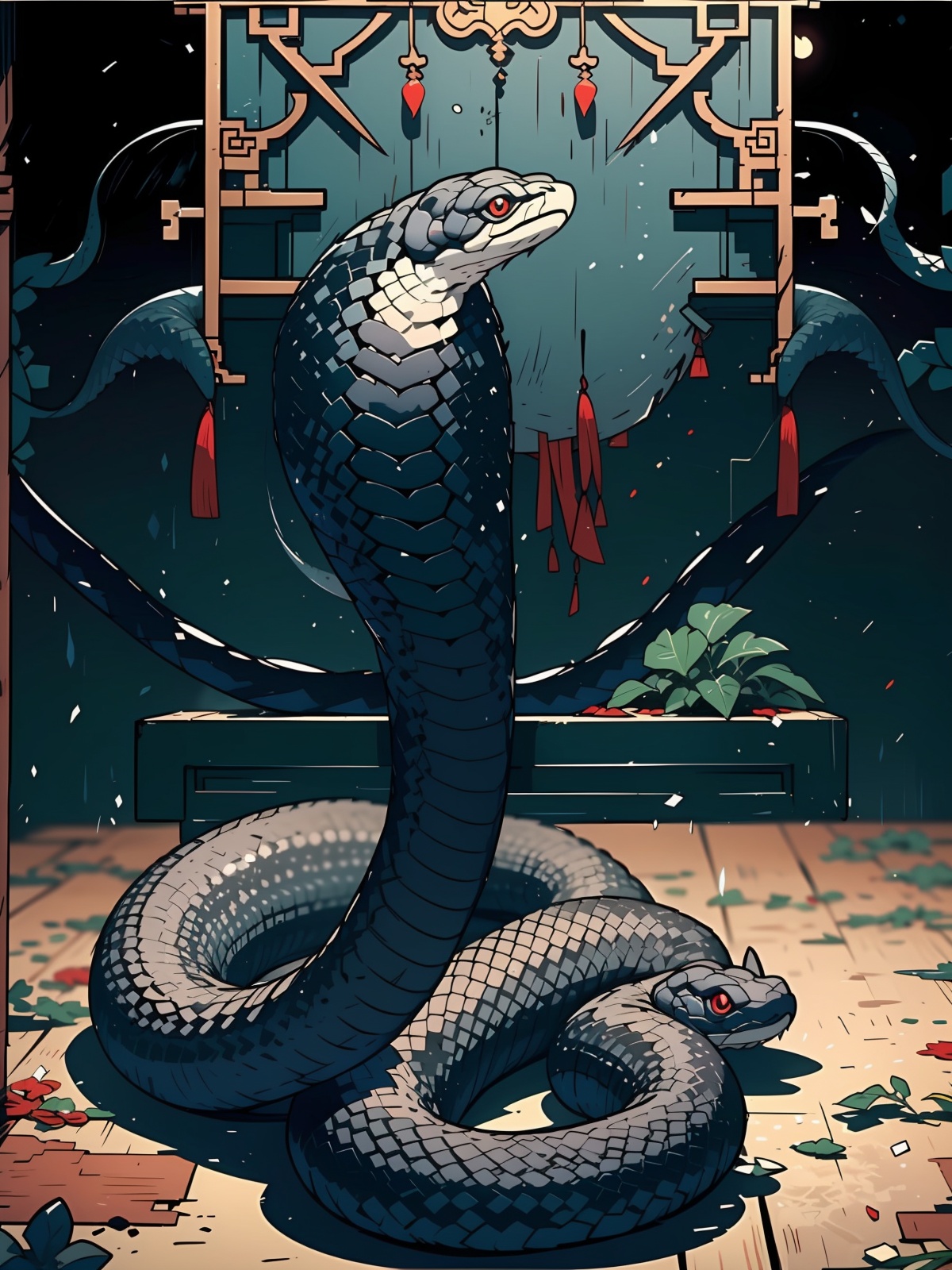 Chinese style,ancient china,(a dim background:1.4),(a black snake:1.2),(night:1.5),(on the table:1.2),curled up on the table,indoor,<lora:MMkongbuMM_20230719103004:0.8>,