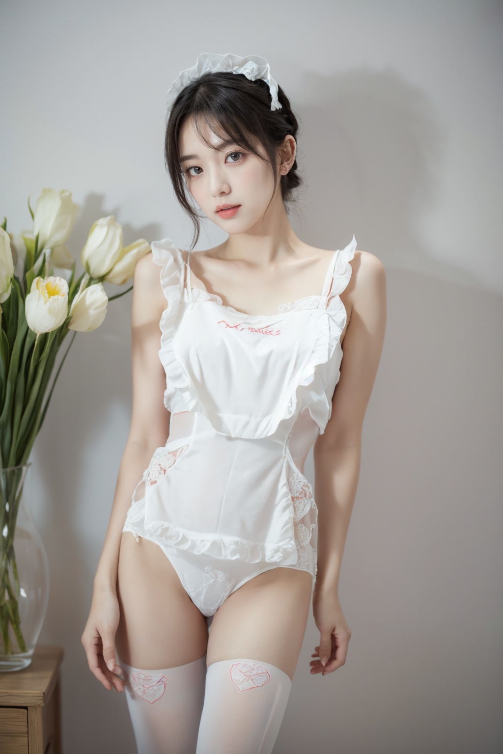 Realistic,(masterpiece:1.2),best quality,8K,HDR,RAW,1girl,((solo)),(Simple background, vase,Film lighting,)(Black hair,delicate girl),large breasts,(Looking at the audience),<lora:add_detail:0.6>,<lora:GoodHands-beta2:1>,<lora:ENNE 女仆装_v10:1>,maid outfit,white panties,white tights,underwear,heart print,