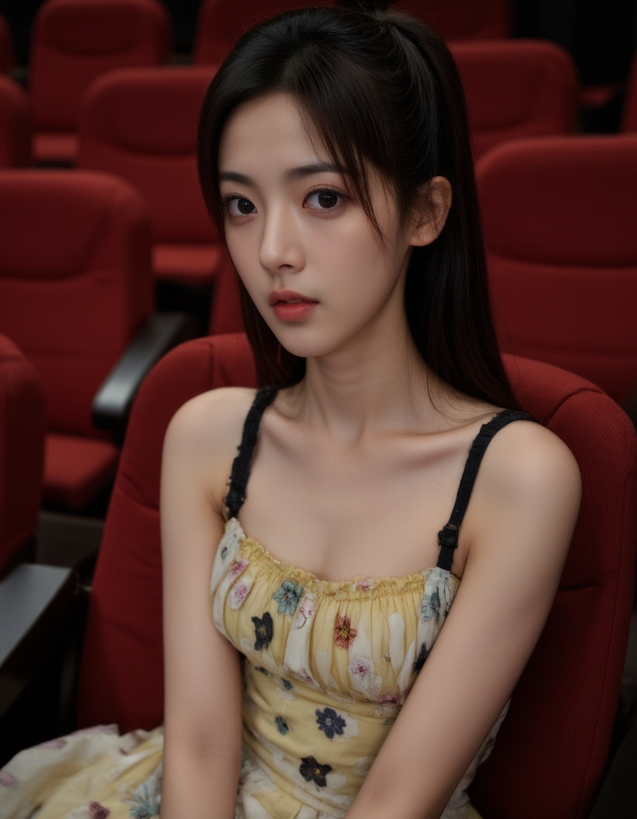 The image shows a young woman sitting in a movie theater. She is wearing a yellow top with a green headband and a yellow skirt with a floral pattern. She has long black hair and is looking directly at the camera with a serious expression. The theater has red seats and there is a red curtain in the background. The overall mood of the image is serious and contemplative.<lora:杨超越flux-lora-000010:1>,
