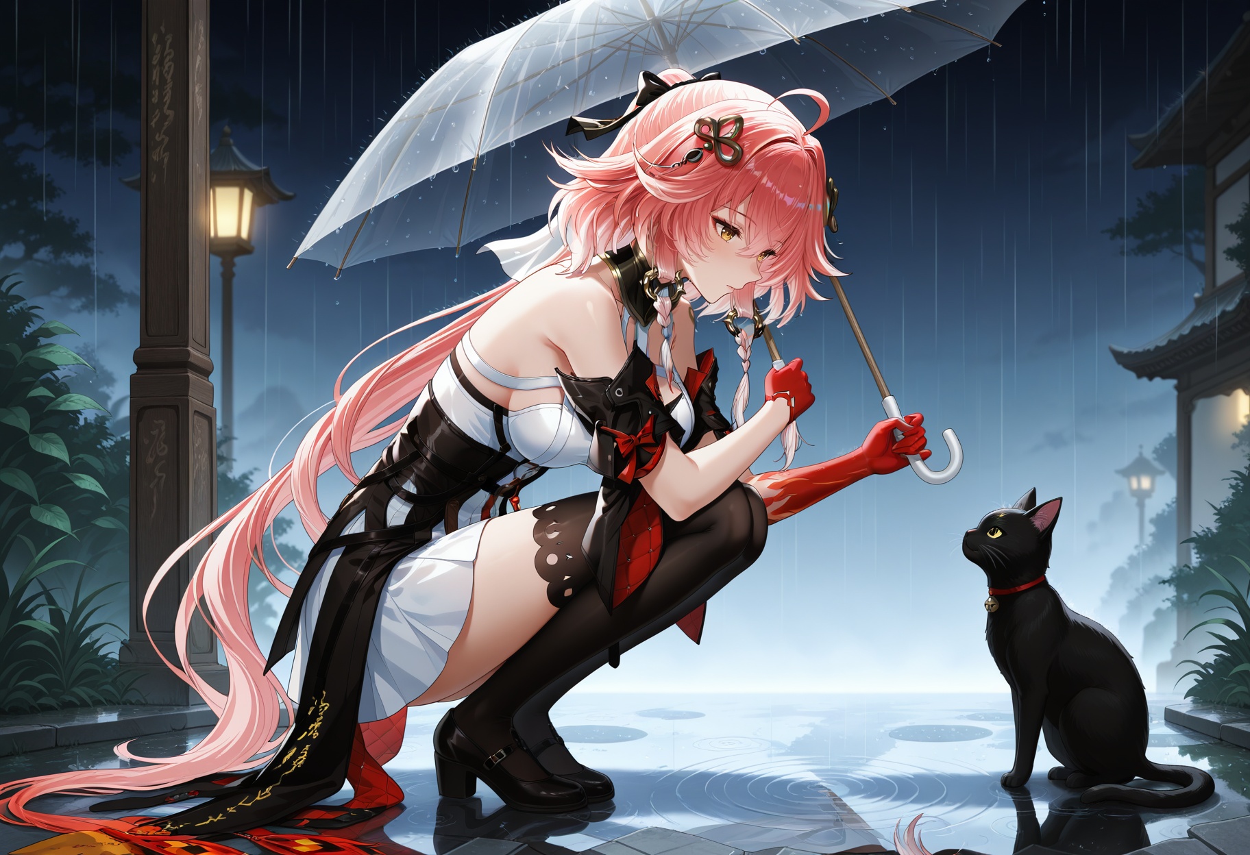 1girl,umbrella,cat,transparent,squatting,black cat,transparent umbrella,holding,rain,outdoors,holding umbrella,from side,reflection,puddle,profile,animal,solo,night,<lora:长离长离:1>,changli,1 woman,yujie,long hair,bangs,hair ornament,thighhighs,gloves,dress,hair between eyes,yellow eyes,pink hair,ahoge,red hair,black thighhighs,white dress,gauntlets,red gloves,single glove,single gauntlet,