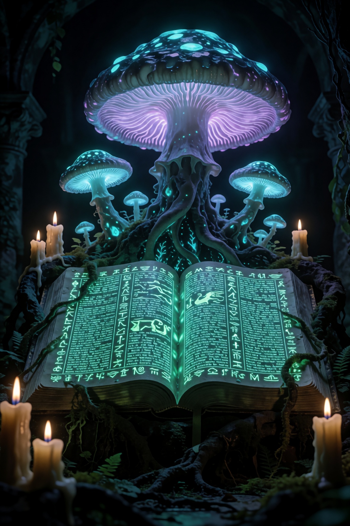 tic_biolum_jungle,  a visual organic bible on an alter,  text and hieroglyphs glowing on the bible pages on Tensor.Art