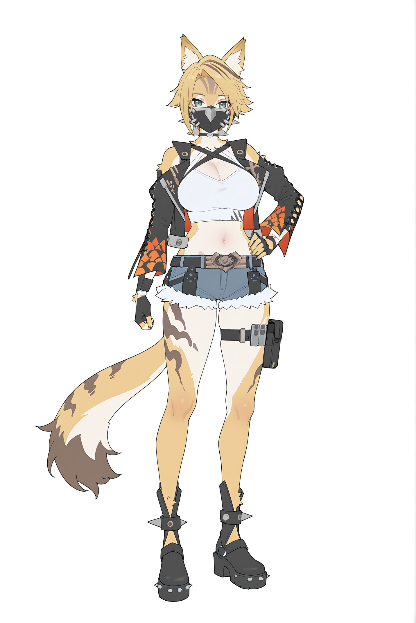 8k,best quality,masterpiece,(ultra-detailed),(high detailed skin),(year 2024:0.8),flat color,artist:maidforge,artist:aqua inc.,artist:edoya inuhachi,artist:reoen,artist:fuzichoco,full body,full shot,standing,looking at viewer,(solo:1.2),simple background,(white background:1.2),hand on own hip,(white background:1.1),<lora:Pulchra-noob-Tanger-000014:0.9>,pulchra fellini \(zenless zone zero\),clothes: pulchra def clothes,cheetah girl,fur skin,furry,1girl,animal ears,tail,fingerless gloves,jacket,short hair,shorts,belt,blonde hair,open jacket,cutoffs,midriff,thigh strap,full body fur, mask,