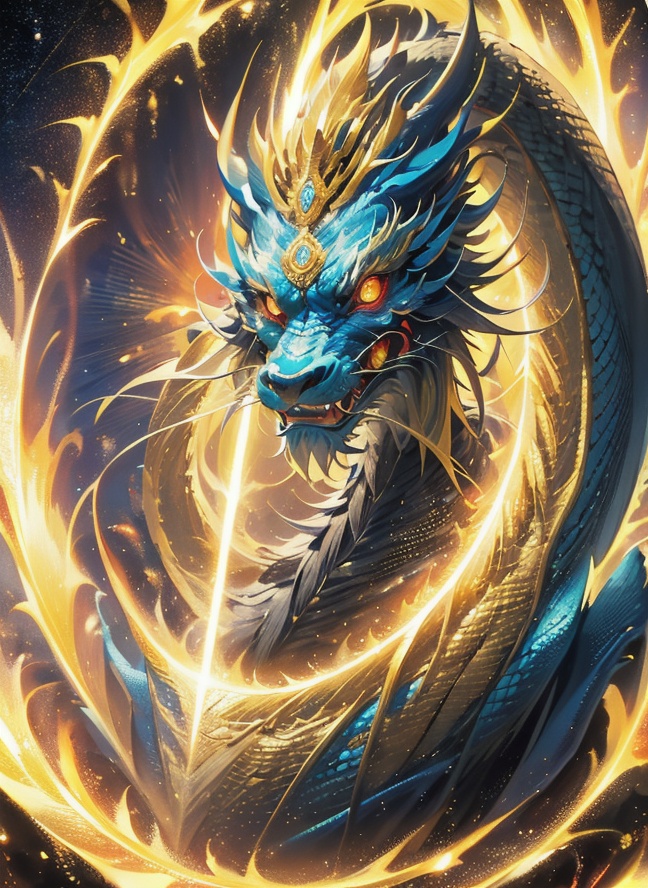 The Dragon King of the crypto Kingdom, the most awe-inspiring of beings whose golden scales shine with dazzling light, His eyes fire precise beams of laser lights and powerful beams of gamma rays, Capable of penetrating any obstacle, not just the guardian, It also guides technological innovation and community development, Make sure the kingdom prospers (Laser eye, gamma-ray eye required) eyes emit laser lights,, <lora:SD1.5_Long1.0:0.8> 