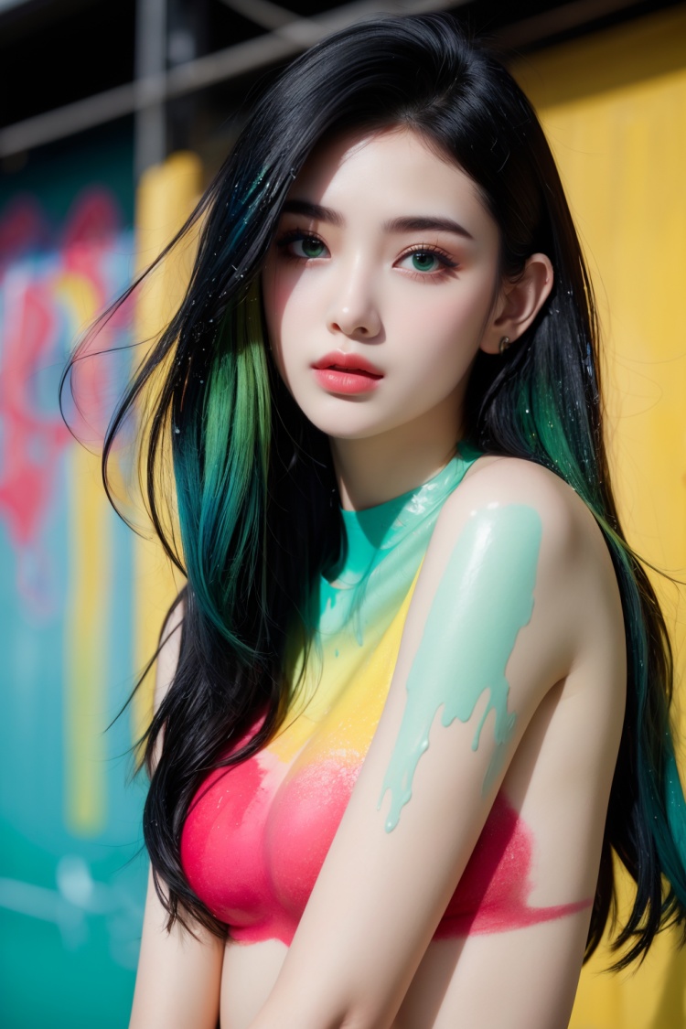 1girl,long hair,black hair,upper body,natural light,multicolor,gradient color,splashing,multicolored background,clean body,transparent background,(red|yellow|green|blue theme),colorful street,graffiti,spray painting,