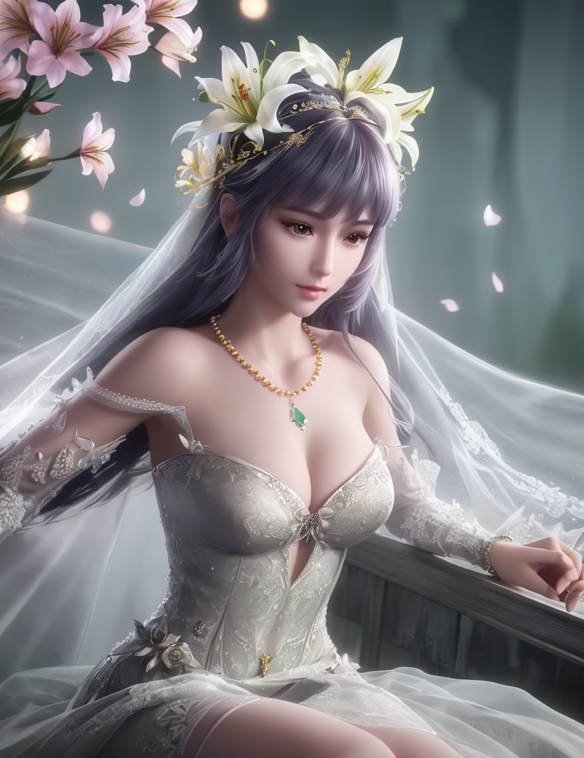 ultra realistic 8k cg, picture-perfect face, flawless, clean, masterpiece, professional artwork, famous artwork, cinematic lighting, cinematic bloom, perfect face, beautiful face, fantasy, dreamlike, unreal, science fiction,   lace, lace trim, lace-trimmed legwear,  (rich:1.4), prestige, luxury, jewelry, diamond, gold, pearl, gem, sapphire, ruby, emerald, intricate detail, delicate pattern, charming, alluring, seductive, erotic, enchanting, hair ornament, necklace, earrings, bracelet, armlet,halo((,1girl, pov,))  ((, 1girl, solo, star_\(symbol\),lily \(flower\),hair flower, wedding dress, jewelry))<lora:DA_BaiChenXiang:0.6>