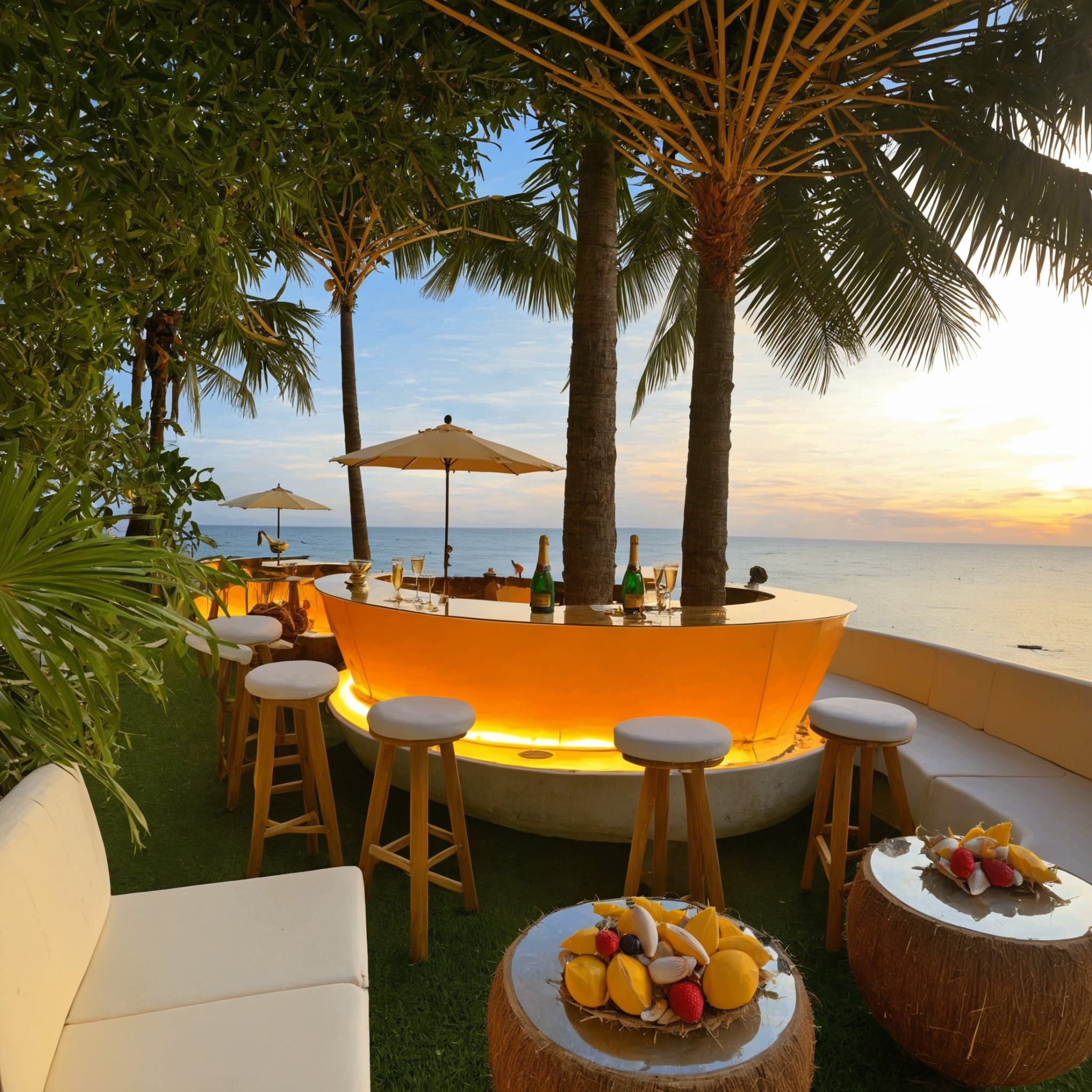 skybar,<lora:20240705-1720127504546:0.6>,seaside bar,best picture quality,masterpiece,open air,over the sea,(coconut tree:1.2),beach,ocean,fresh decoration,champagne,beach,drink,(grass stool:1.1),(grass umbrella:1.1),tropical fruits,seaside plants,(sunset:1.1),(a bar made of shells:1.1),night,