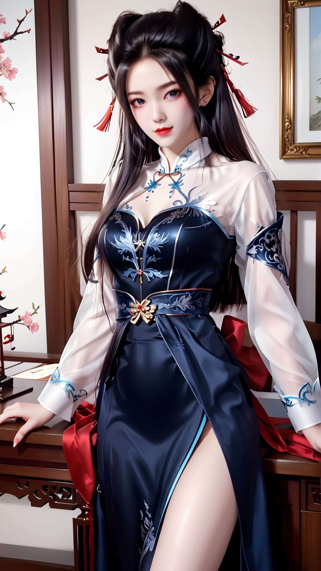 The image is a digital illustration of a young woman wearing a traditional Chinese dress. The dress is blue with gold embroidery and has a high neckline and long sleeves. The woman has long dark hair styled in two high ponytails with red tassels on top. She is standing in a room with traditional Chinese furniture and decorations in the background. The overall mood of the image is elegant and regal.,<lora:pony焰:0.8>,
