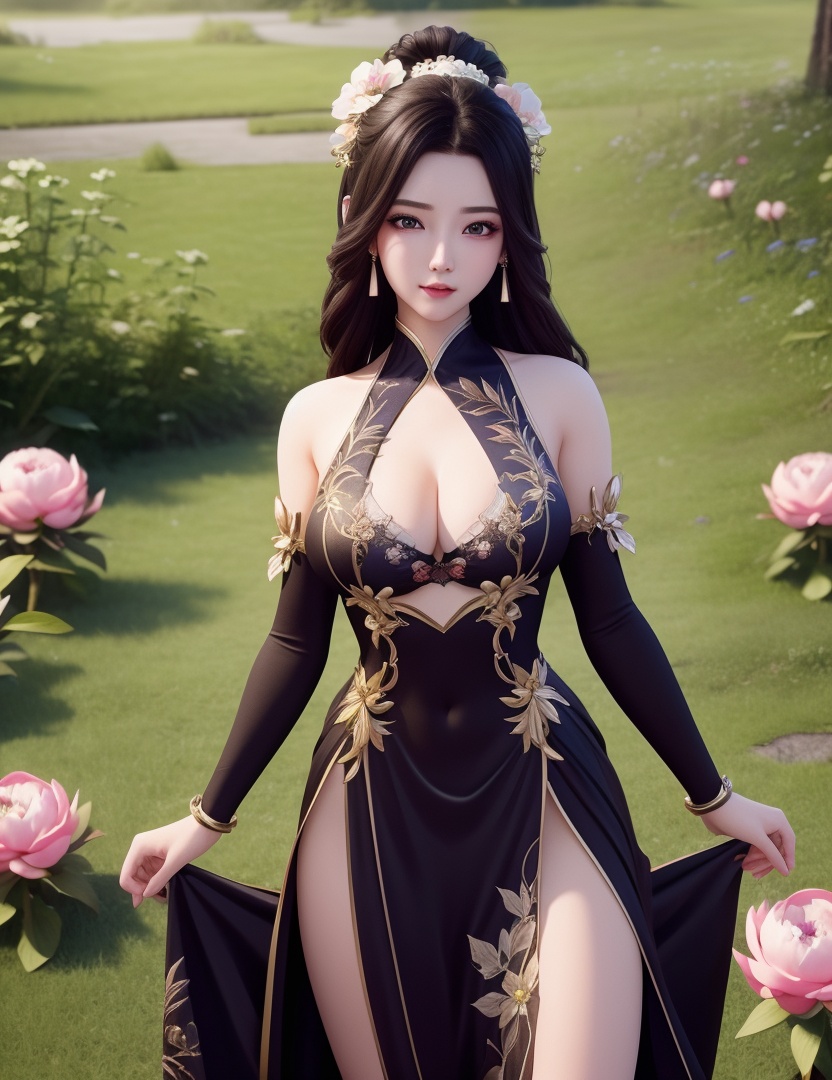 <lora:514-DA-万古狂帝-柳妃:0.8>(,1girl, ,best quality, ),looking at viewer,  ,,ultra detailed background,ultra detailed background,ultra realistic 8k cg, , ,masterpiece, (( , )),,, ultra realistic 8k cg, ,      ,peony \(flower\),(cleavage), (),
