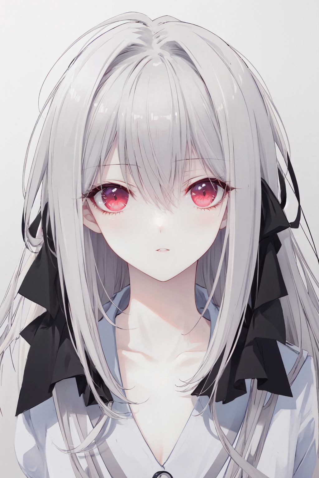 1girl, solo, red eyes, long hair, hair between eyes, looking at viewer, portrait, parted lips, collarbone, bangs, grey hair, pink shirt, gradient background, gradient, hair bow, bow, ribbon, black bow<lora:shaonvjinyueliyihdLycoris:0.6>,