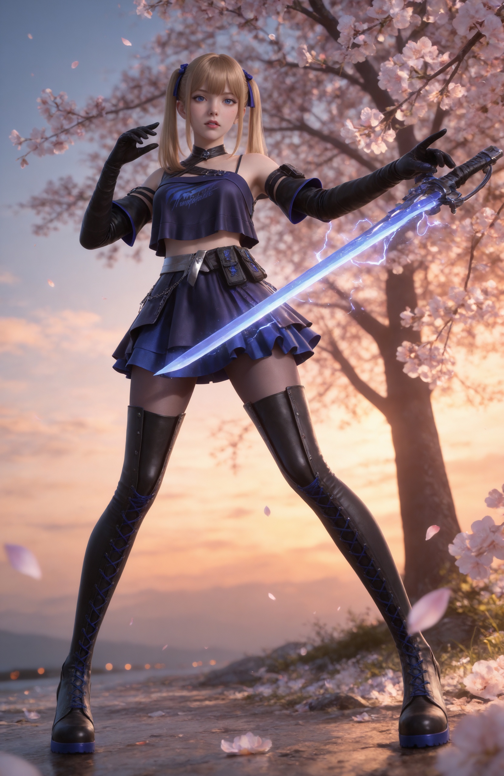 Nai3 style,realistic style photo,outstanding style,Use soft lighting to cast gentle shadows on the subject,adding a touch of dimension to your images without compromising details,whirls of vapor,(Anime:1.1),soft neon light,ethereal ambiance,delicate details,magical atmosphere,concept art,highly detailed,ultra-high resolution,32K UHD,sharp focus,best-quality,masterpiece,golden hour,unconventional supreme masterpiece,masterful details,temperate atmosphere,with a high-end texture,in the style of fashion photography,magazine style,Dynamic Angle,Dynamic posture,magazine style,Dynamic Angle,Dynamic posture,(cowboy_shot:1.2),eye trail,depth of field,cinematic lighting,lens flare,close-up,extreme aesthetic,(wlop:0.6),(honjou raita,lack,rella,wanke:0.5),masterpiece,best quality,good quality,newest,year 2025,very aesthetic,absurdres,Visual impact,A shot with tension,ultra-high resolution,32K UHD,sharp focus,best-quality,masterpiece,Emotionalization,unconventional supreme masterpiece,masterful details,temperate atmosphere,with a high-end texture,in the style of fashion photography,(Visual impact:1.2),giving the poster a dynamic and visually striking appearance, <lora:CF-雅晴IL:0.7> 1girl, blonde hair, long hair, twintails, hair ribbon, blunt bangs,blue eyes,hair bow, choker,bare shoulders, purple shirt,midriff, crop top, spaghetti strap,cross-laced clothes,belt, belt pouch,elbow gloves, black gloves, thighhighs, thigh boots, pleated skirt,miniskirt,black footwear,, A shot with tension,(Visual impact,giving the poster a dynamic and visually striking appearance:1.2),impactful picture,(masterpiece, best quality:1.2),offcial art,colorful,splash of color,movie perspective,advertising style,magazine cover,(full body:1.5),Emotionalization,golden hour,unconventional supreme masterpiece,masterful details,temperate atmosphere,with a high-end texture,in the style of fashion photography,magazine cover,Dynamic Angle,Dynamic posture,score_9,score_8_up,score_7_up,1girl,moon,holding,holding weapon,holding sword,tomoe (symbol),mitsudomoe (shape),electricity,drawing sword,cherry blossoms,night,obijime,obiage,looking at viewer,parted lips,tassel,