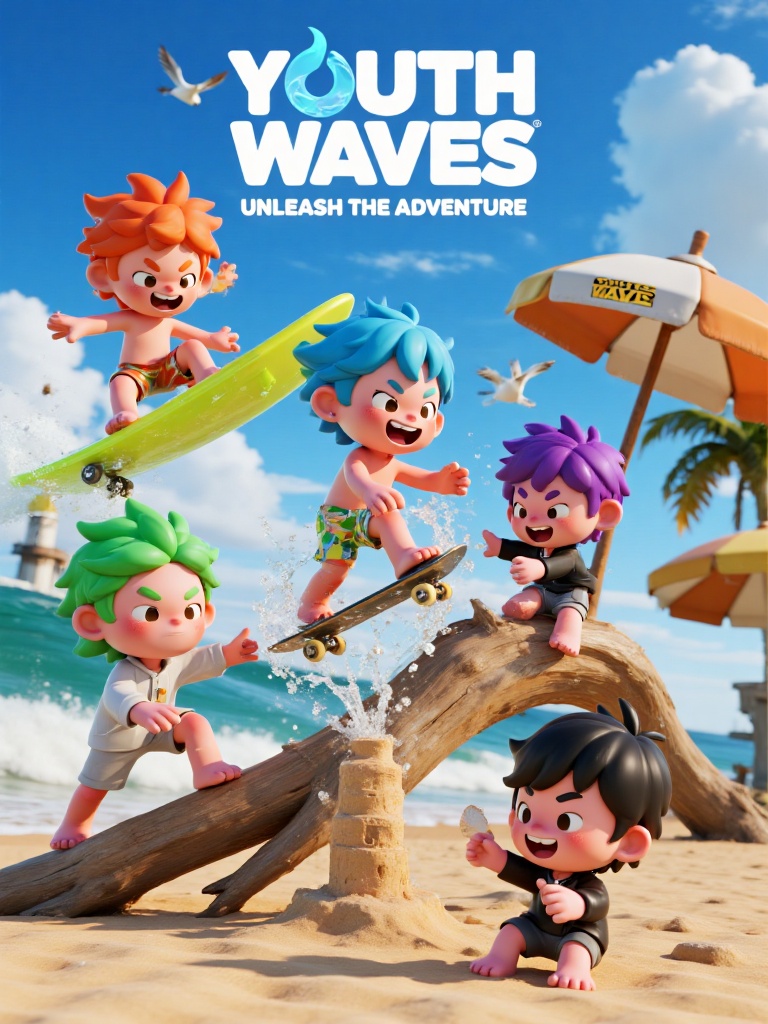 A vibrant 3D character design key visual poster for a commercial youth adventure IP,  featuring a unified universe of chib...