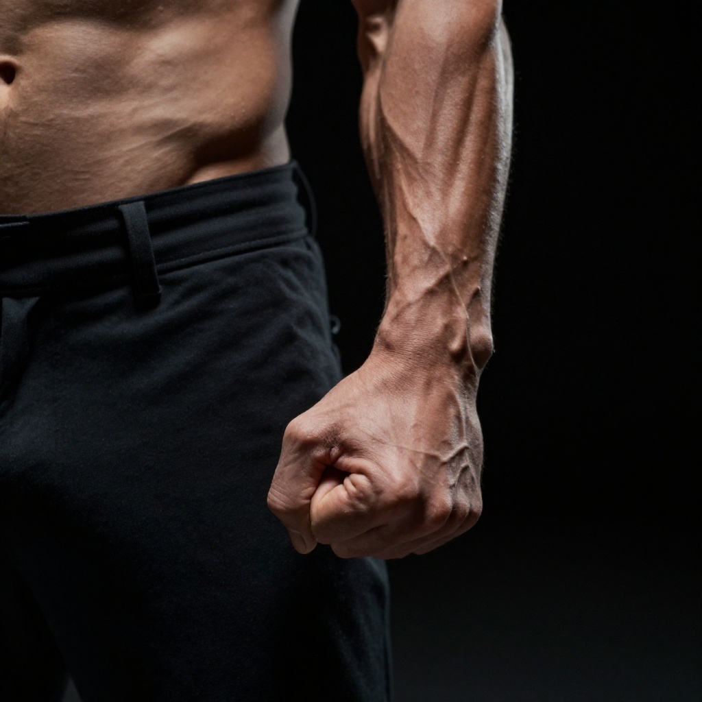 cinematic film still of Sharp detailed high quality image of a man with a muscular body is holding his fist,  detailed bac...