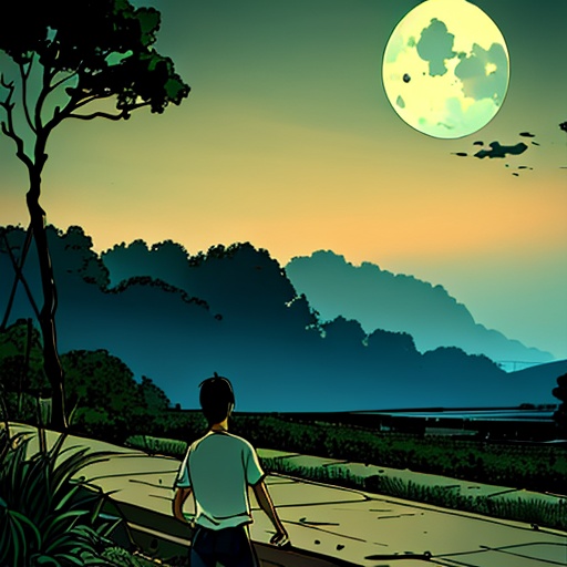 mj,<lora:mj_v1.0:0.8>,1boy,solo,masterpiece,best quality,A Green Hill Far Away,:),interlocked fingers,ass focus,Stretching,moon,