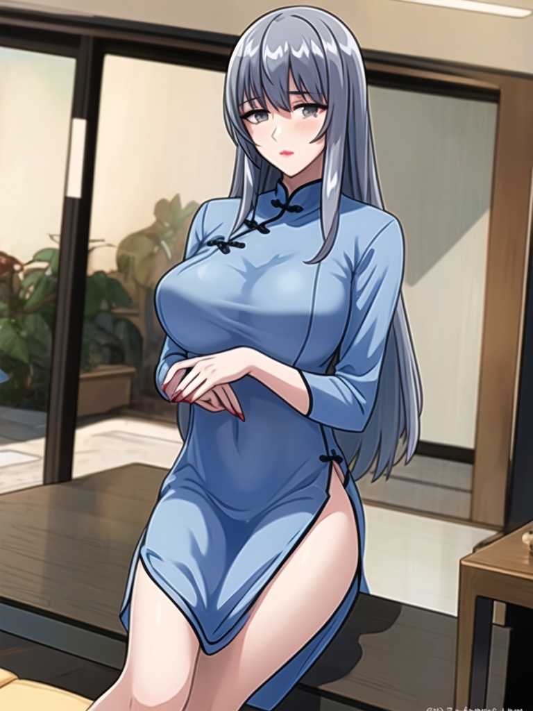 1girl,solo,perfect face,look at viewer,sitting,bangs,long hair,eyebrows visible through hair,silver hair,grey hair,grey eyes,formal,blush,closed mouth,makeup,lipstick,blue dress,long sleeves,china dress,chinese clothes,covered bra,large breasts,see-through,see-through silhouette,side slit,white,masterpiece,best quality,highly detailed,