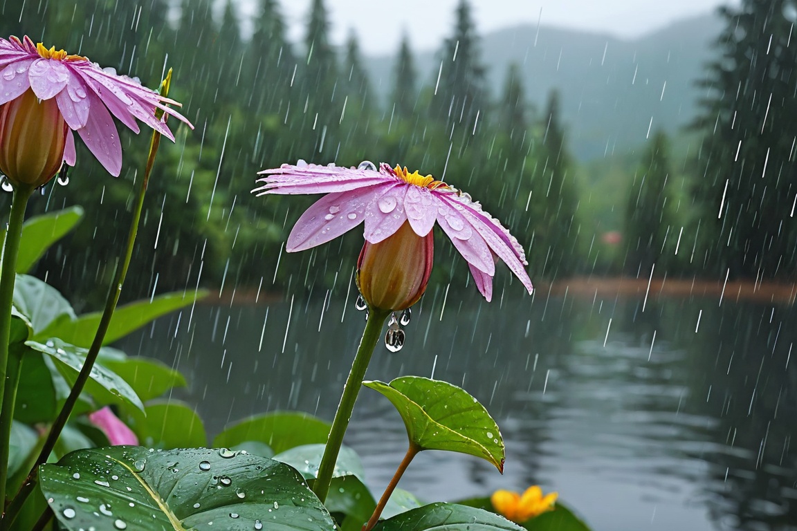 Heavy rain falling so much that you can't see in a beautiful landscape of mountains,  lakes,  forests on Tensor.Art