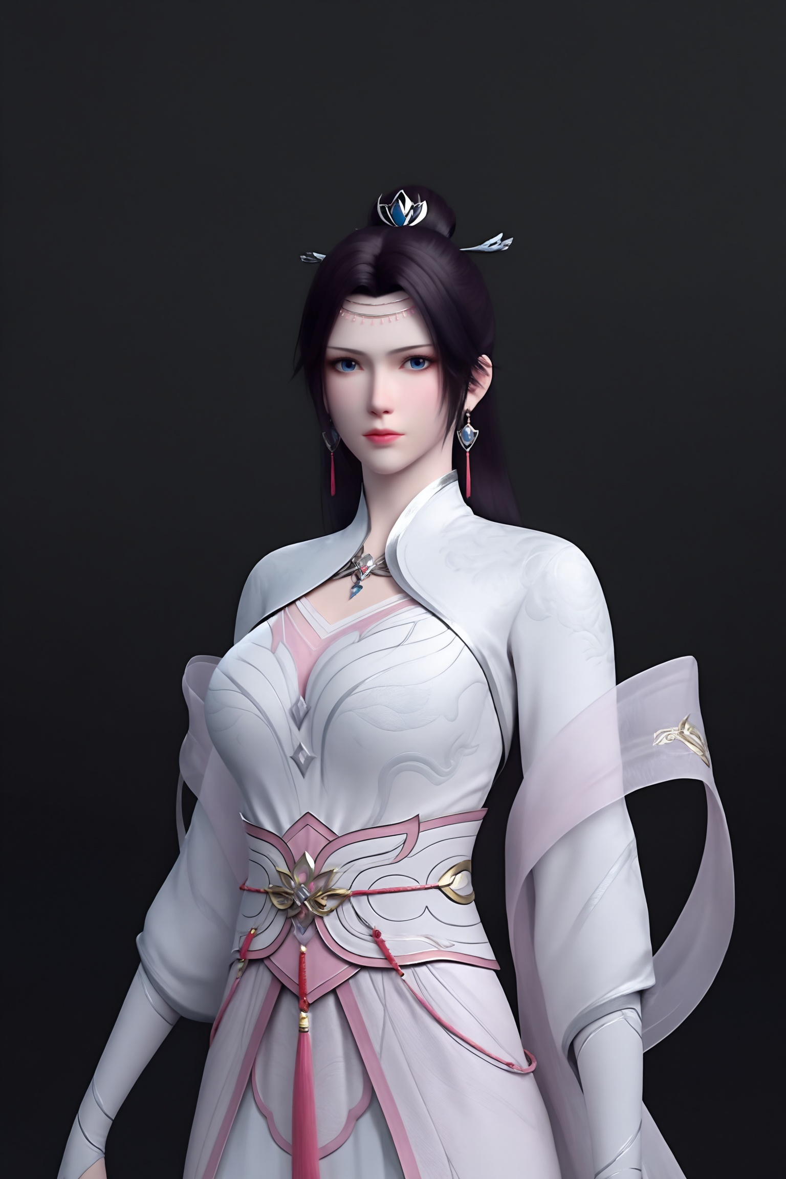 black background,standing,looking at viewer,1girl, yy\(dpcq\),earrings, long hair, jewelry, hair ornament, black hair, hair bun,blue eyes, long sleeves,  white dress,  clothing cutout, sash,