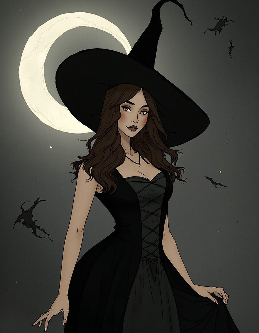 yydlds,a young woman standing in front of a full moon. A woman wearing a black witch hat and a black dress,The moon is partially visible in the top right corner of the image, with a crescent moon in the center.﻿﻿ <lora:F.1暗黑女巫-手绘线条插画V1_遥远的炼丹师:0.8>