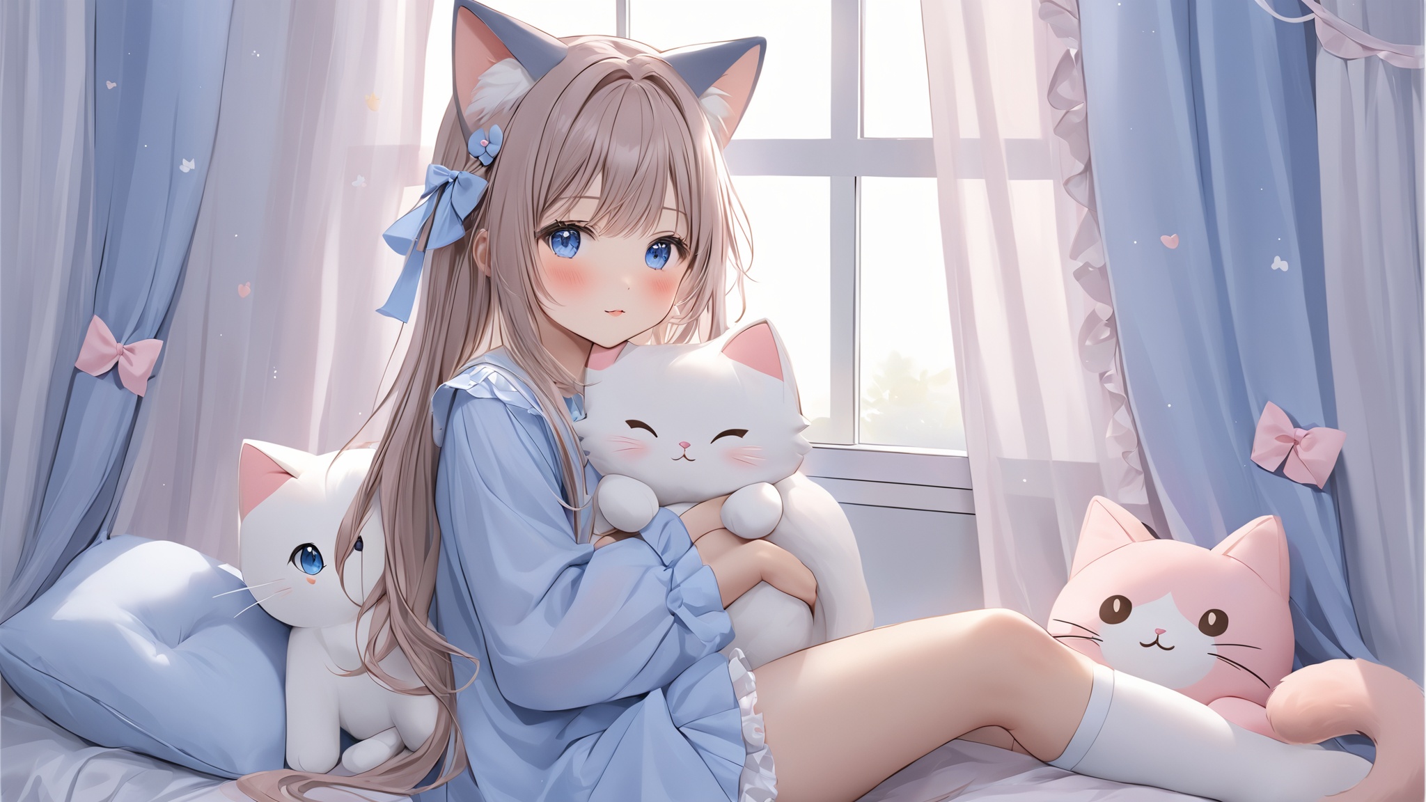 1girl, animal ears, bloomers, blue eyes, blush, cat ears, cat girl, cat tail, curtains, hair ornament, long hair, pillow, sleeves past wrists, stuffed animal, stuffed cat, stuffed toy, tail, underwear