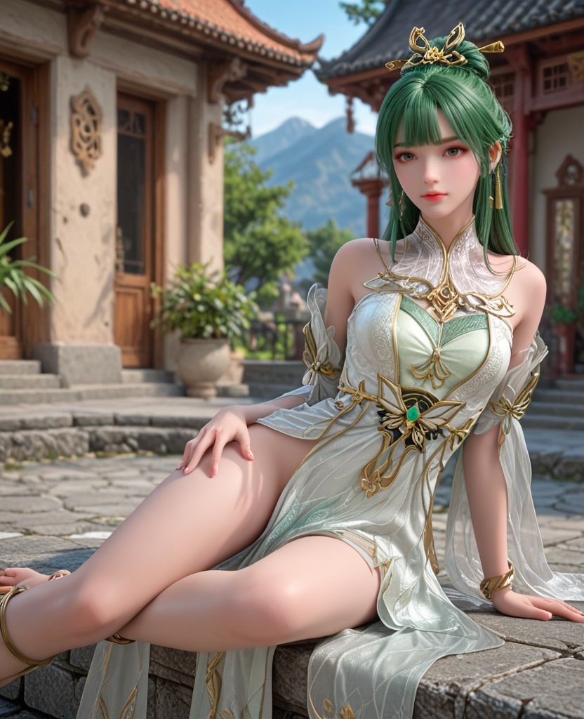(oriental architecture, elegant decor, sophisticated style:1.1),With one finger resting on her bottom lip and eyes half-closed, she portrays a sultry mystery that beckons closer inspection,(breasts:1.2),<lora:XL完美世界天人族姐妹花P2:0.9>,younger sister,white dress,bare shoulders,green hair,hair ornament,anklet,bangs,hair bun,, zPDXL2, score_9, score_8_up, score_7_up BREAK realistic, masterpiece,best quality, highly detailed,, zPDXL3, zPDXL2,zPDXL, zPDXLxxx, zPDXLrl,