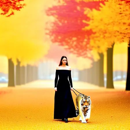 A woman named Irinka,  wearing a long off-the-shoulder dress,  walks through an autumn park on Tensor.Art