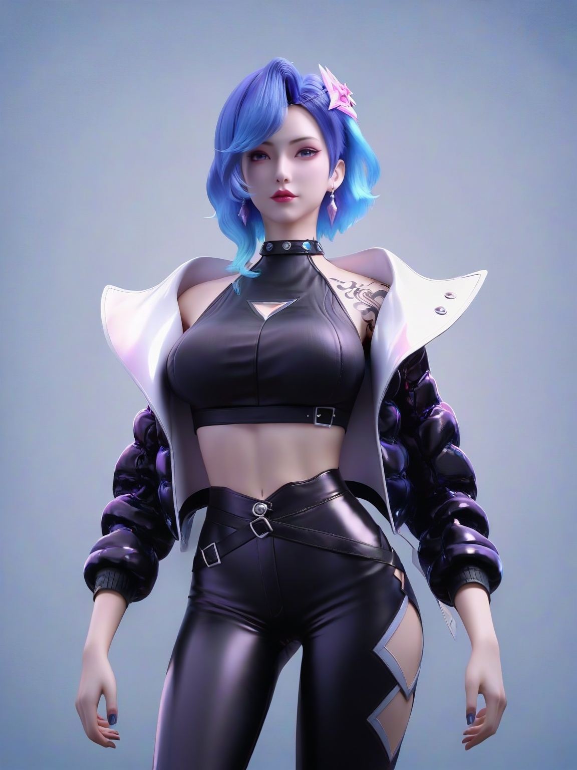 score_9,1girl,solo,jacket,short hair,standing,open jacket, black jacket,earrings,hair ornament,multicolored hair,blue eyes,black pants,crop top,blue hair,leather,large breasts,standing,lipstick,cowboy shot,tattoo,looking at viewer,simple background,<lora:SF_LiuFei_KJWJ_Pony_Realism2.3-000003:0.7>,