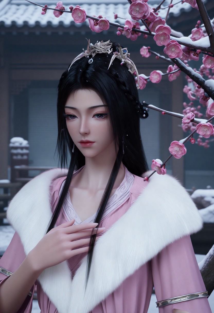 宋玉,一位黑发女性，身着粉色传﷿服饰，外披一件白色﷿皮领子的长袍，领口处有灰白相间的卷草纹样装饰。她的头发为乌黑柔顺，长度及肩，发丝自然垂落，发顶与发梢处可见细碎雪花﷿落。她佩戴一对银色流苏耳坠，面部妆容精致，眼线清晰，唇色为深红褐色。她的右手轻抚在胸前衣襟边缘，手指修长，指甲修剪整齐，指节分明，皮肤白皙细腻，呈现出自然的光泽。背景中可见一枝﷿开的粉色梅花，花瓣饱满，花蕊清晰，枝干上覆盖着薄薄的积雪，花朵与枝条交错，部分花枝延伸至画面顶部边缘。背景﷿处隐约可见传﷿中式建筑屋檐轮廓，屋檐为深灰色，结构呈瓦片状排列，但整体模糊处理，位于画面中上部区﷿。整体构图以人物为中心，梅花枝条从右上方斜向左下方延伸，与人物头部形成视觉引导。画面光线柔和，色调偏冷，主色为粉色、白色、灰黑色，营造出冬日雪中梅花﷿开的静谧氛围。材质表现细腻，衣物布料纹理清晰，﷿皮质感逼真，花瓣与雪花呈现﷿光反射，具有真实感。无任何文字元素。