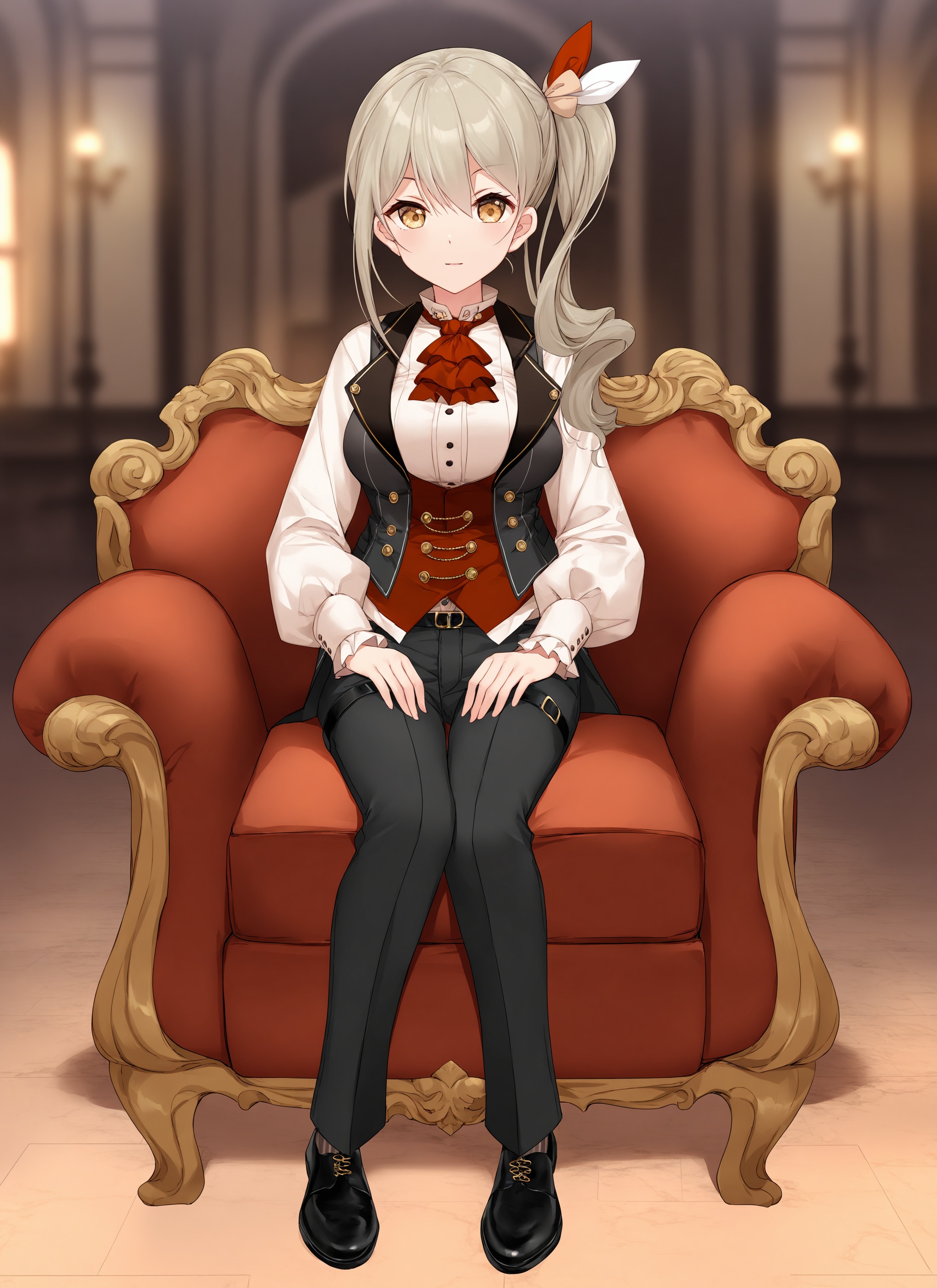 aki rinco, 1girl, solo, side ponytail, black pants, looking at viewer, black footwear, belt, long hair, shirt, full body, ascot, white shirt, vest, ribbon, long sleeves, red ascot, hair ribbon, shoes, breasts, medium breasts, white ribbon, bow, striped, indoors, sitting,official art,depth of field,best quality,amazing quality,very aesthetic,absurdres,beast quality,masterpiece,ultra detailed, newest,8K,HDR,<lora:AkiRinco_noob0.77_v4:1.1>,